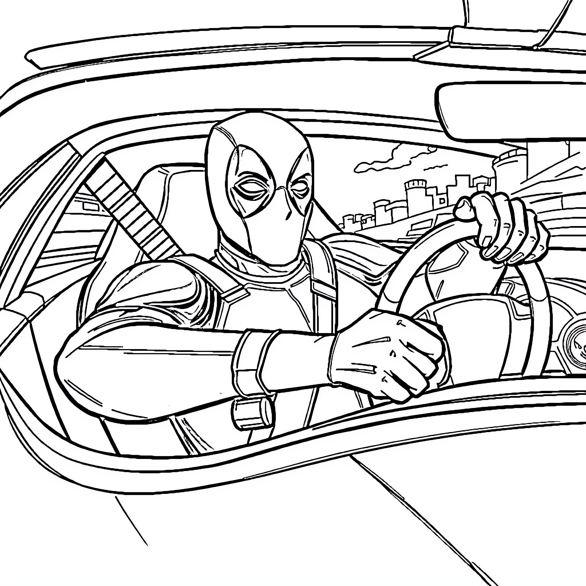 Deadpool Driving Through the City Coloring Page (free black-and-white line drawing printable PDF for all, from beginners to advanced learners, including children, teens, adults, and seniors)