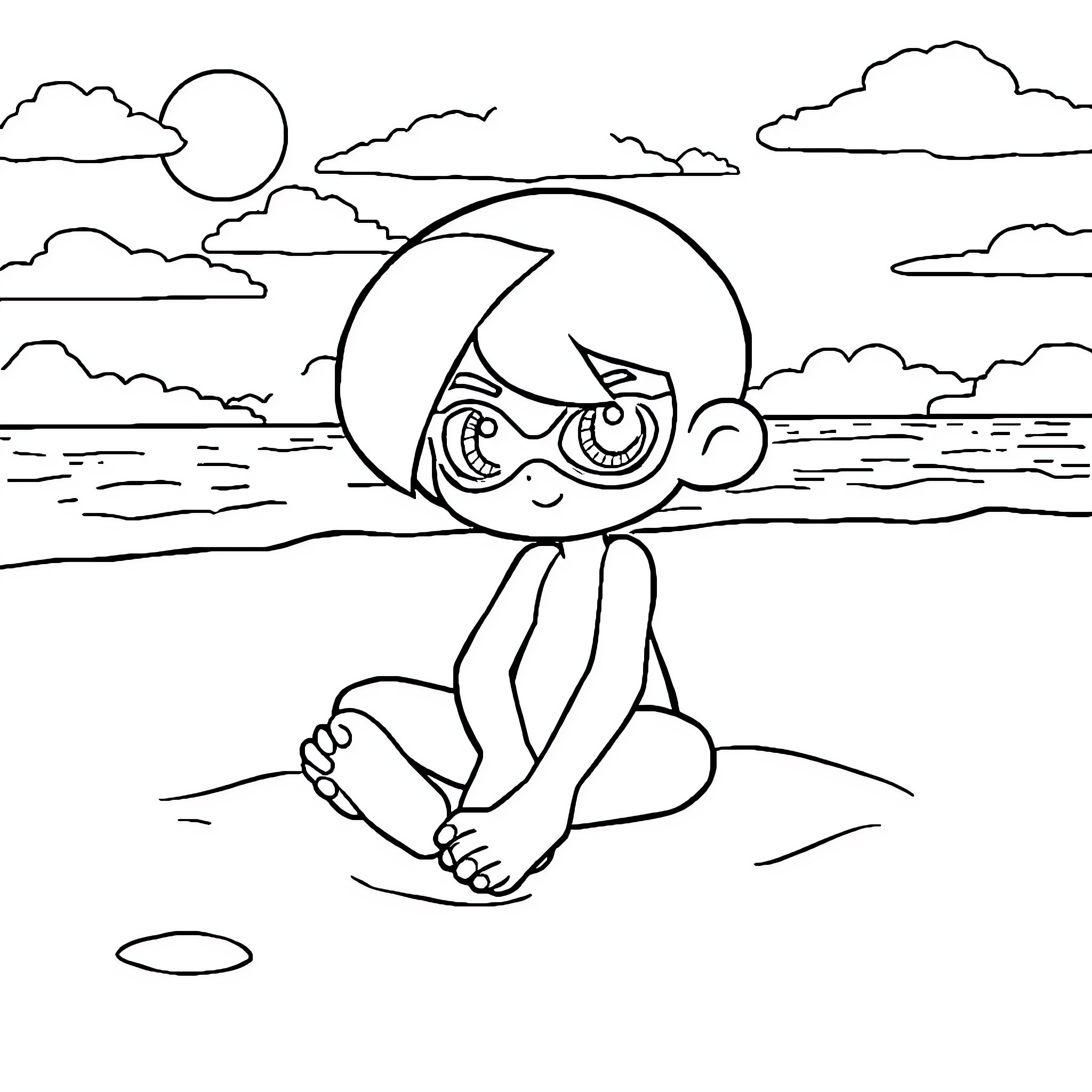 Inkling enjoying a tranquil seaside scene Coloring Page (free black-and-white line drawing printable PDF for all, from beginners to advanced learners, including children, teens, adults, and seniors)