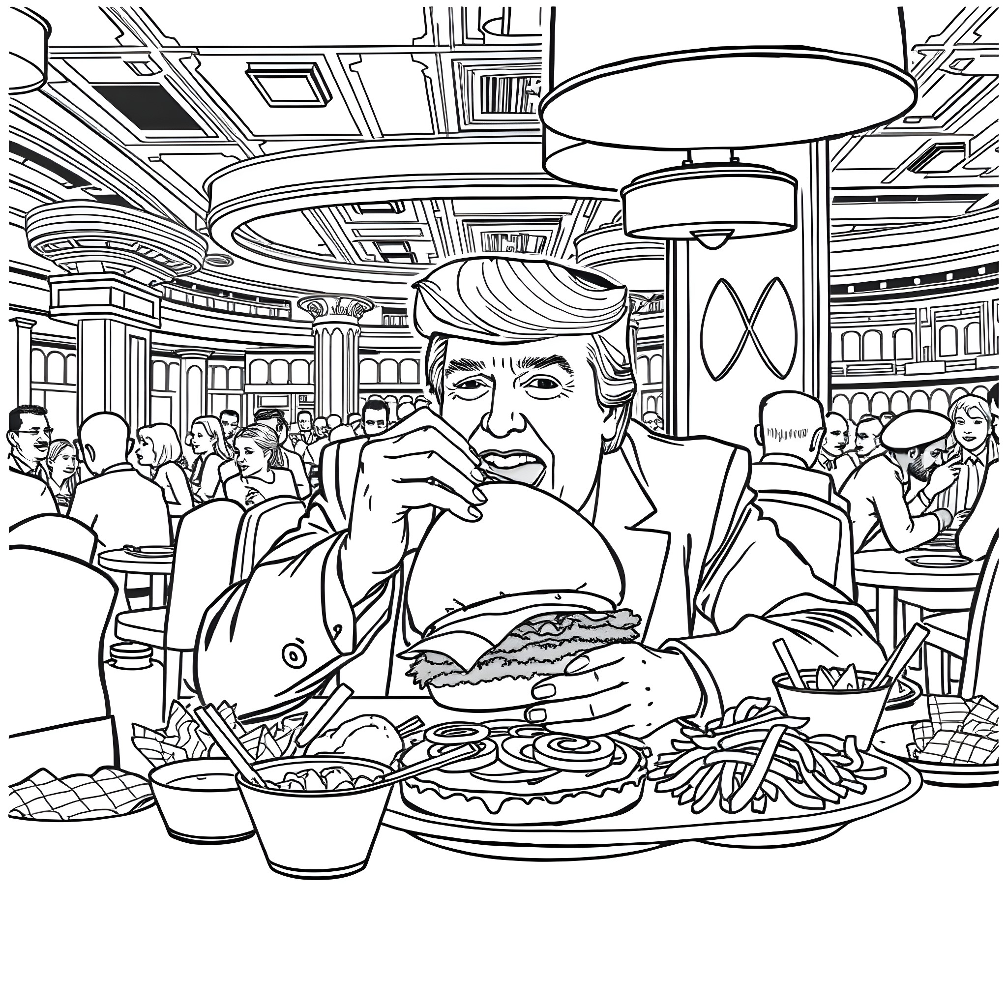 Donald Trump eating a large meal in a busy restaurant Coloring Page (free black-and-white line drawing printable PDF for all, from beginners to advanced learners, including children, teens, adults, and seniors)