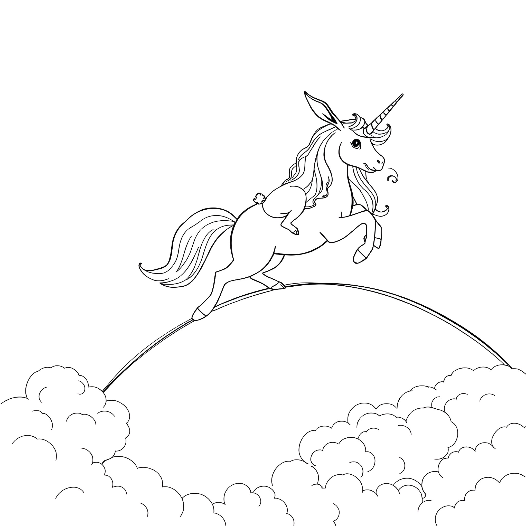Rabbit unicorn soaring among the clouds Coloring Page (free black-and-white line drawing printable PDF for all, from beginners to advanced learners, including children, teens, adults, and seniors)