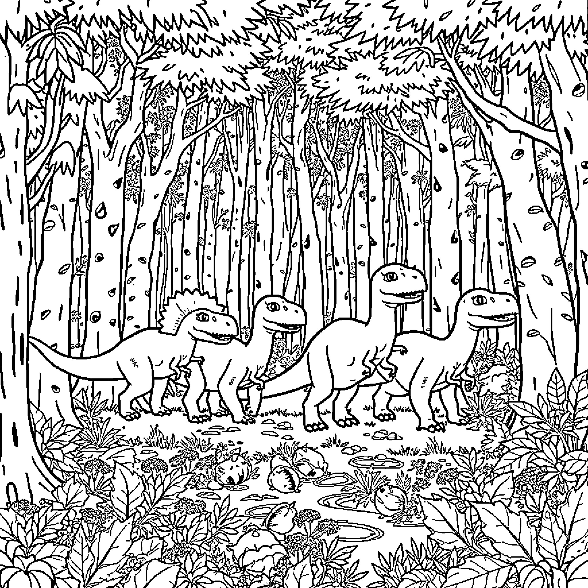 Dinosaurs exploring the prehistoric forest Coloring Page (free black-and-white line drawing printable PDF for all, from beginners to advanced learners, including children, teens, adults, and seniors)