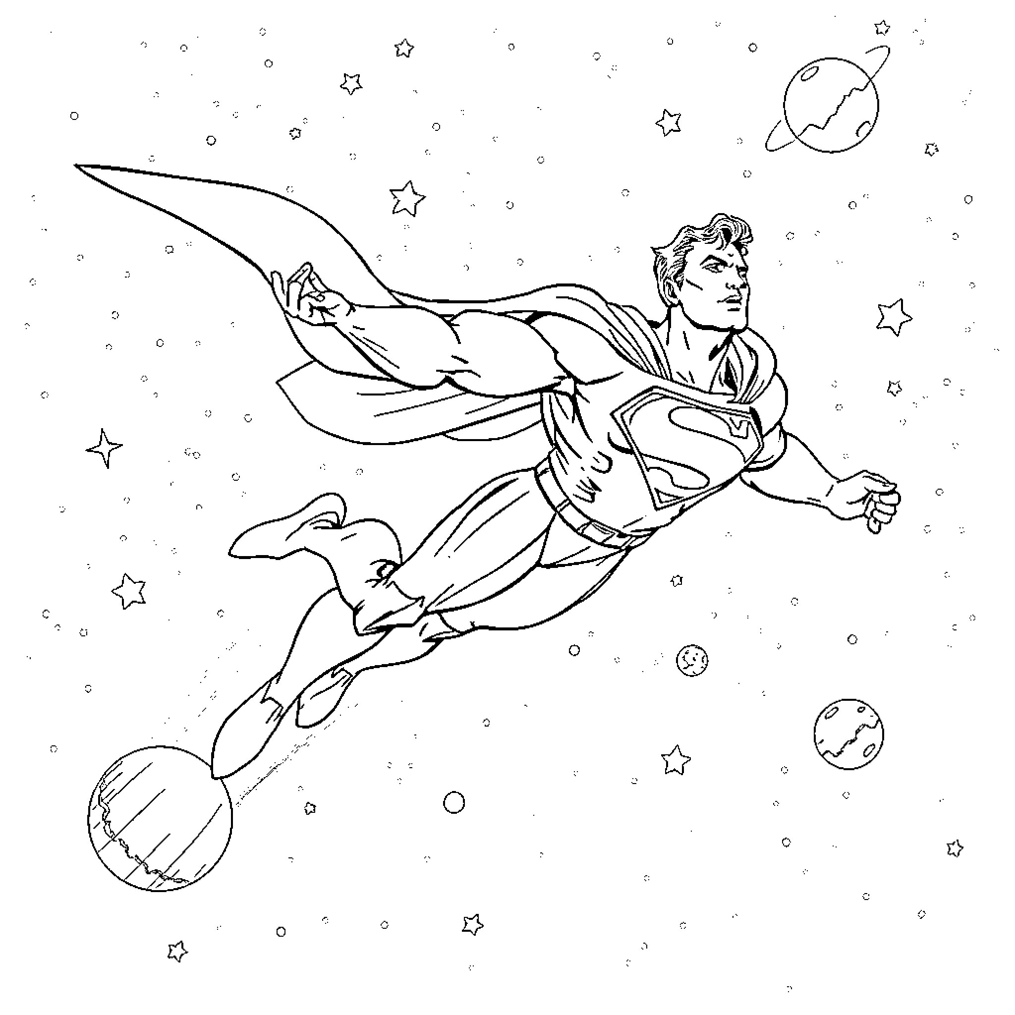 Superman soaring through the cosmic void Coloring Page (free black-and-white line drawing printable PDF for all, from beginners to advanced learners, including children, teens, adults, and seniors)