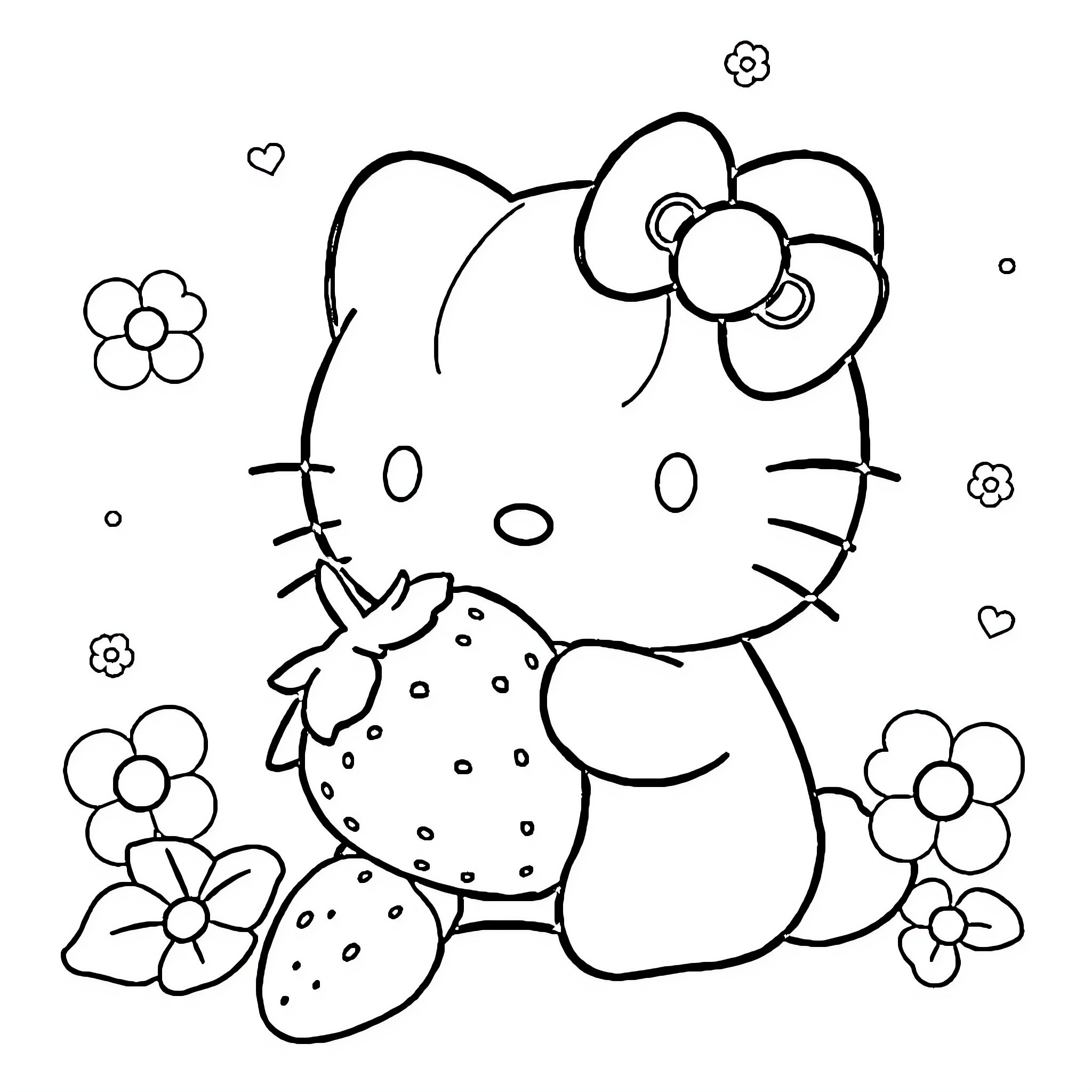 Cinnamonroll enjoying strawberries and flowers Coloring Page (free black-and-white line drawing printable PDF for all, from beginners to advanced learners, including children, teens, adults, and seniors)