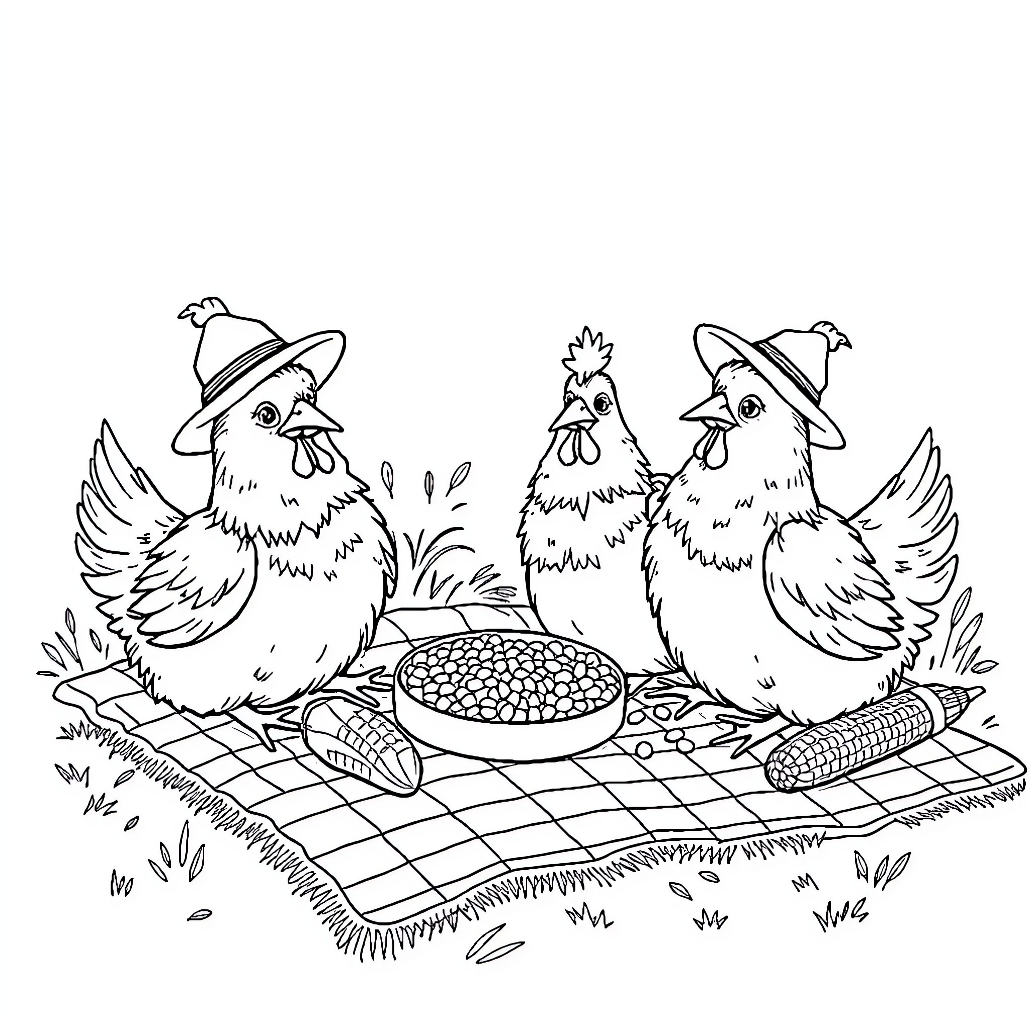 Chicken picnic with hat-wearing companions Coloring Page (free black-and-white line drawing printable PDF for all, from beginners to advanced learners, including children, teens, adults, and seniors)