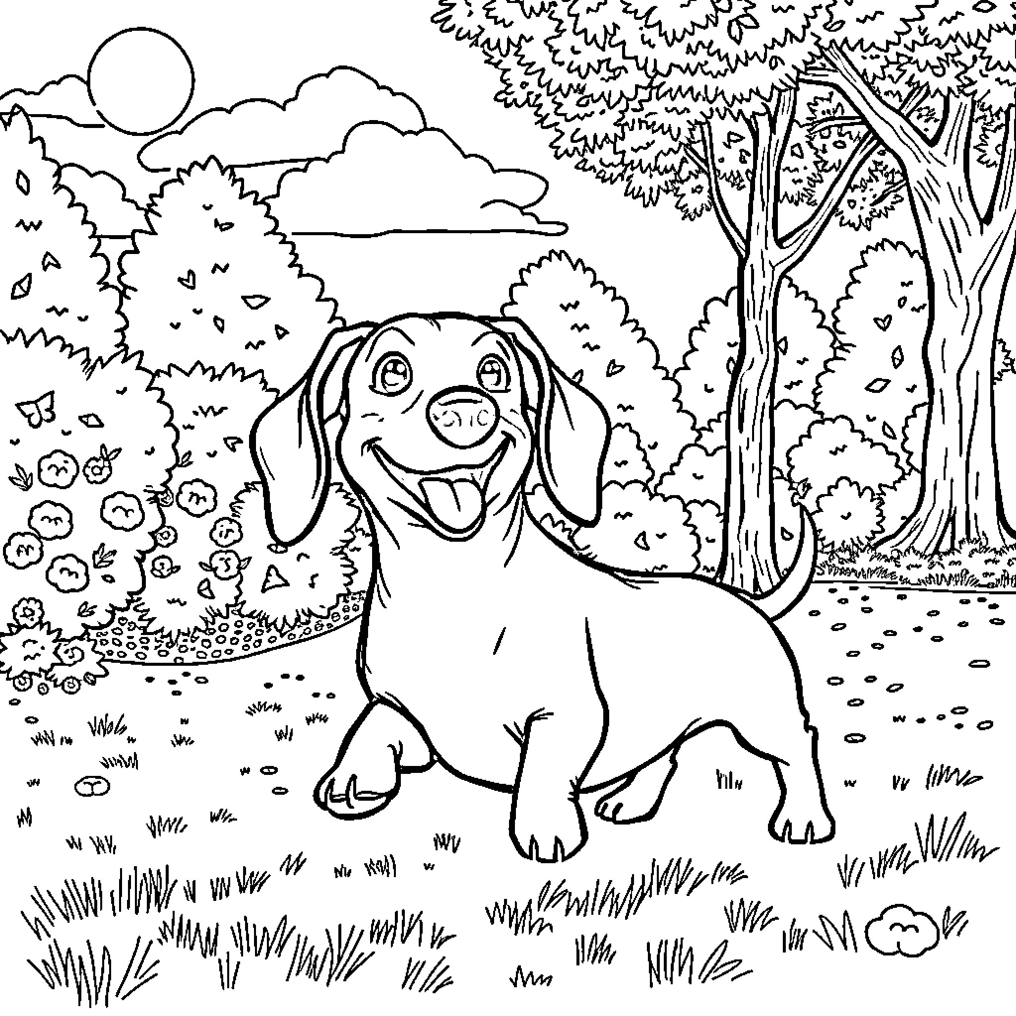 Wiener Dog frolicking in the park Coloring Page (free black-and-white line drawing printable PDF for all, from beginners to advanced learners, including children, teens, adults, and seniors)