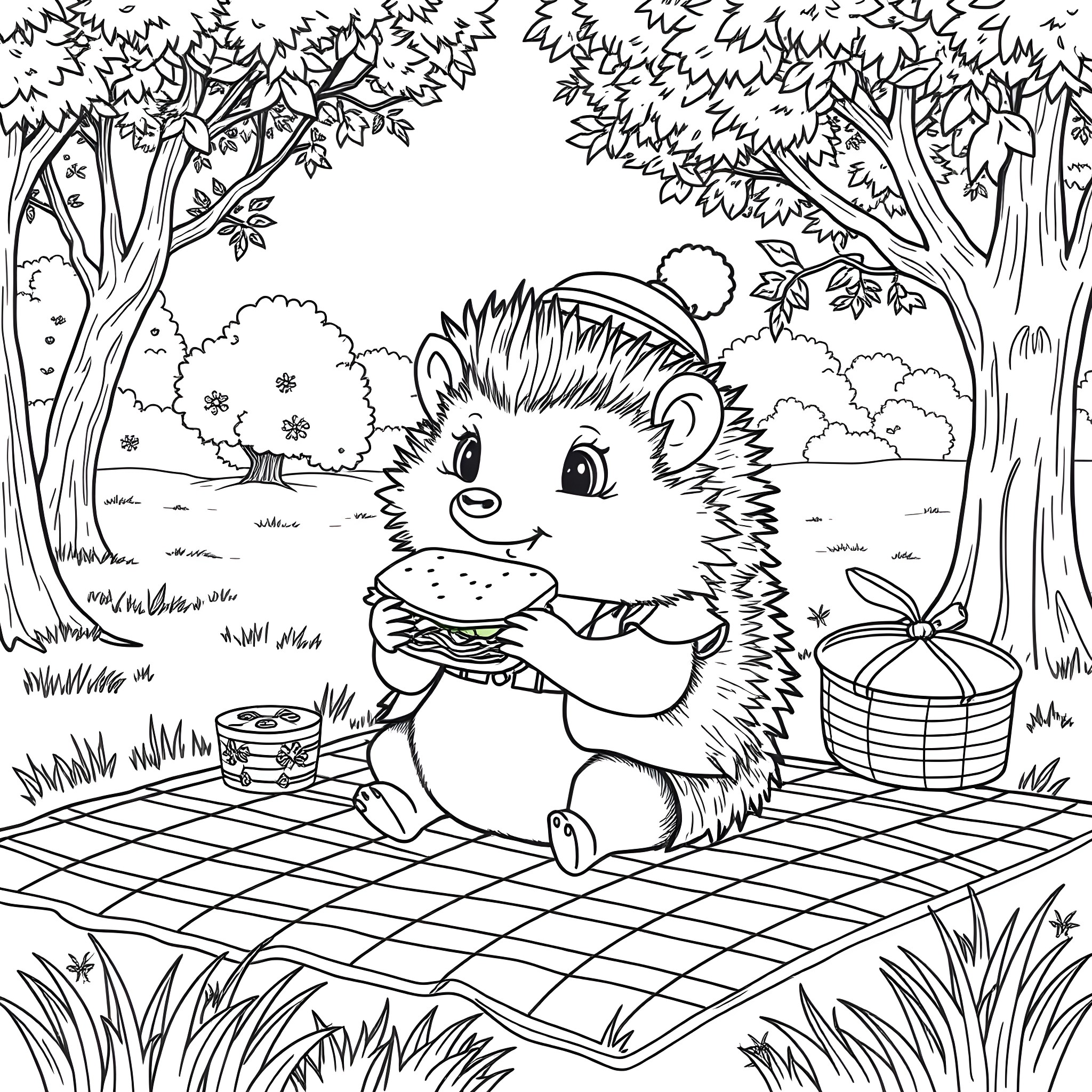 Hedgehog enjoying a picnic in the forest Coloring Page (free black-and-white line drawing printable PDF for all, from beginners to advanced learners, including children, teens, adults, and seniors)