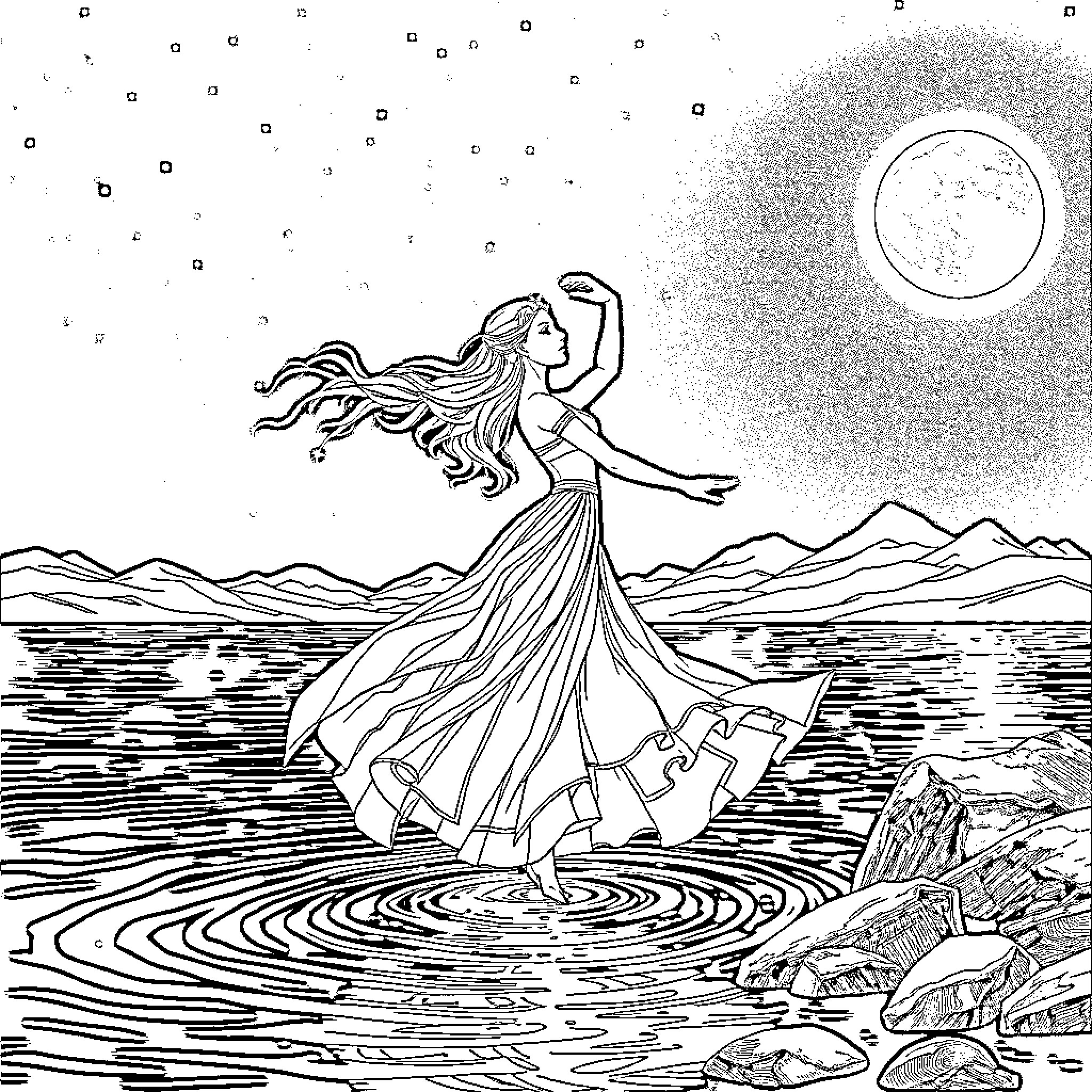 Aurora Dancing in Moonlit Serenity Coloring Page (free black-and-white line drawing printable PDF for all, from beginners to advanced learners, including children, teens, adults, and seniors)
