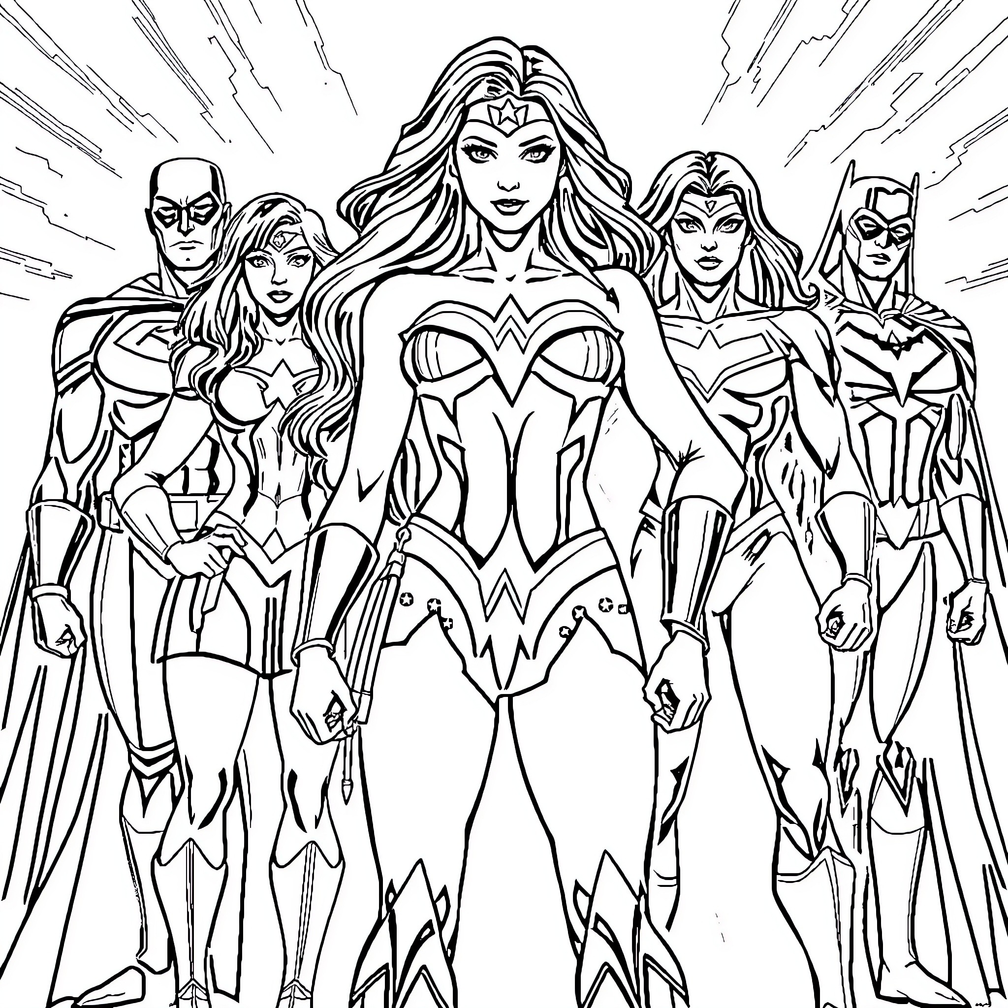 Wonder Woman and her superhero team in action Coloring Page (free black-and-white line drawing printable PDF for all, from beginners to advanced learners, including children, teens, adults, and seniors)