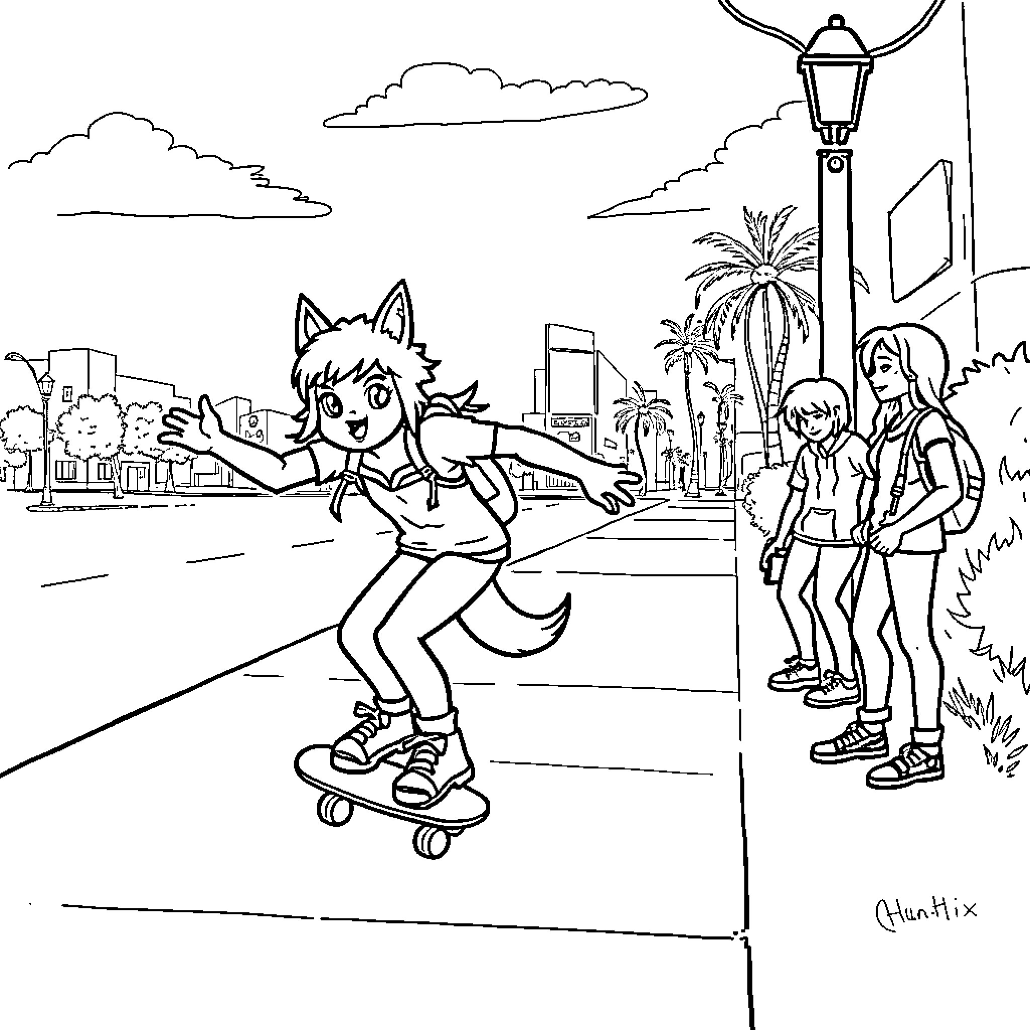 Huntrix's Urban Adventure on Wheels Coloring Page (free black-and-white line drawing printable PDF for all, from beginners to advanced learners, including children, teens, adults, and seniors)