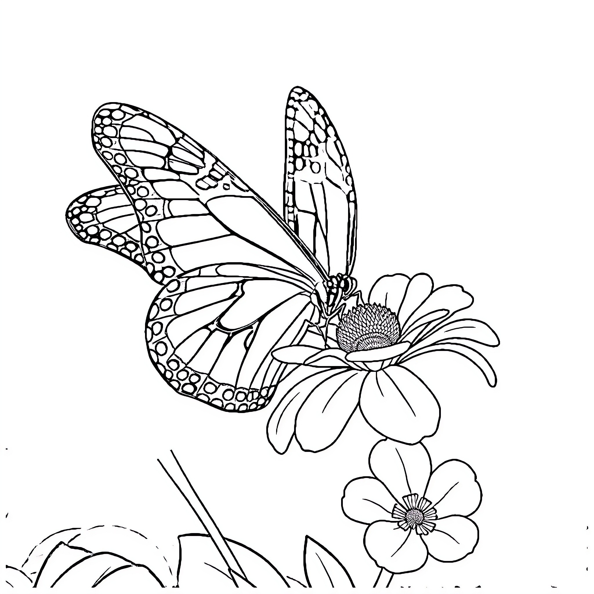 Butterfly resting on delicate flower petals Coloring Page (free black-and-white line drawing printable PDF for all, from beginners to advanced learners, including children, teens, adults, and seniors)