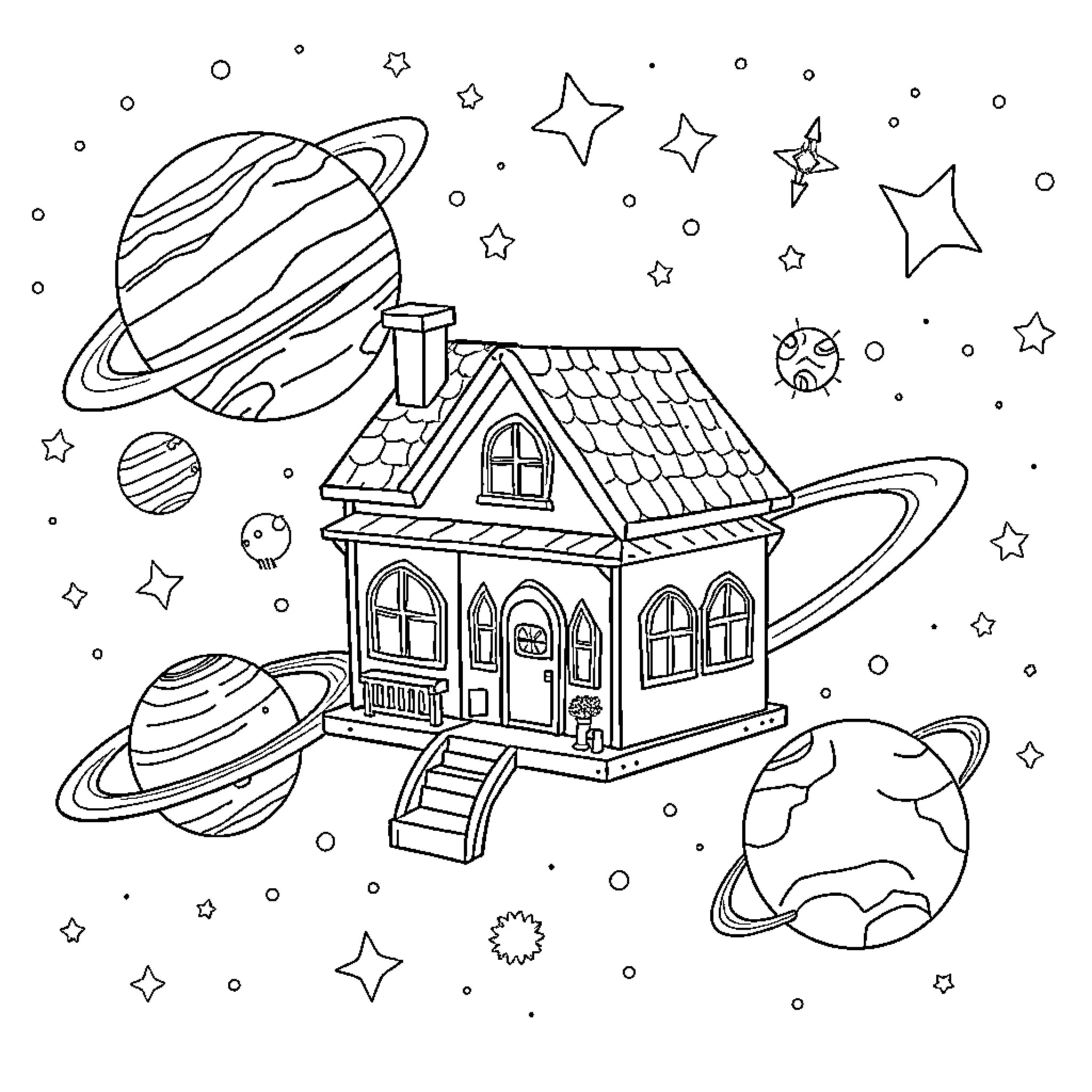 Dollhouse in a Cosmic Dreamscape Coloring Page (free black-and-white line drawing printable PDF for all, from beginners to advanced learners, including children, teens, adults, and seniors)
