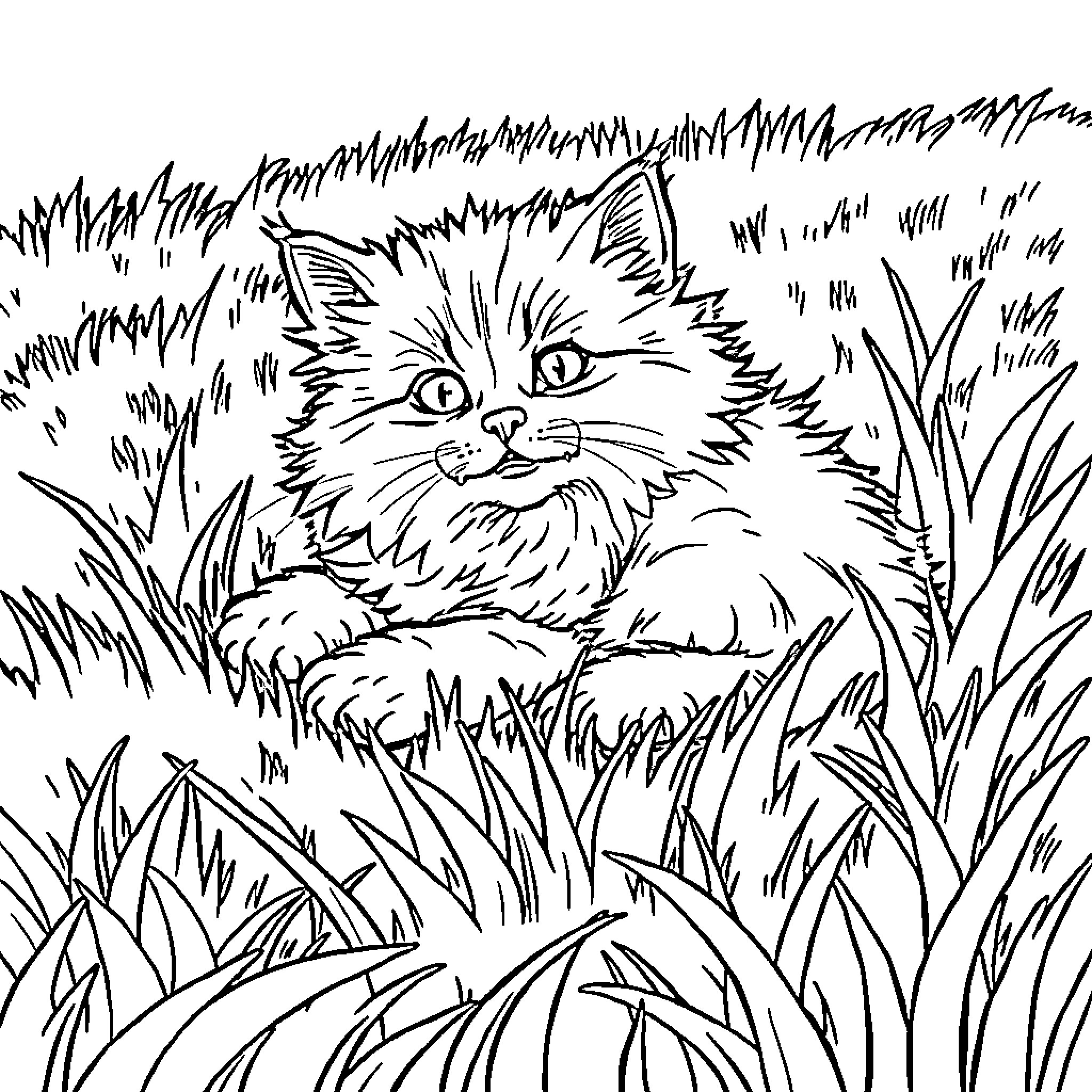 Cat peeking through tall grass Coloring Page (free black-and-white line drawing printable PDF for all, from beginners to advanced learners, including children, teens, adults, and seniors)