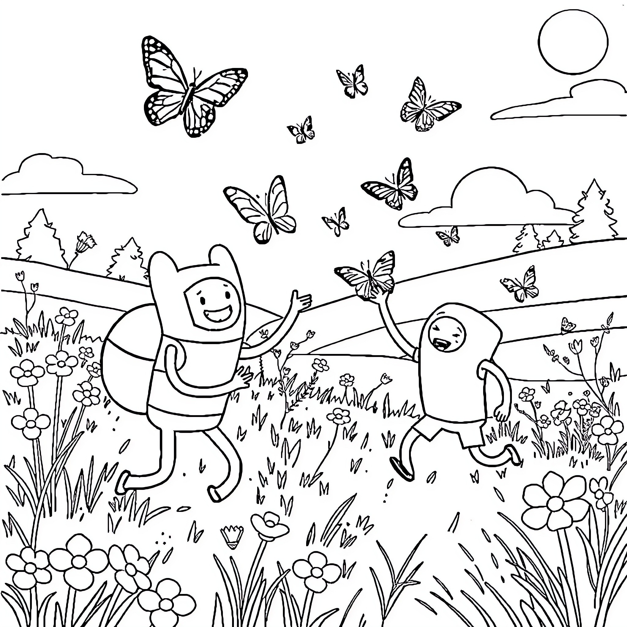 Butterfly friends playing joyfully in the meadow Coloring Page (free black-and-white line drawing printable PDF for all, from beginners to advanced learners, including children, teens, adults, and seniors)