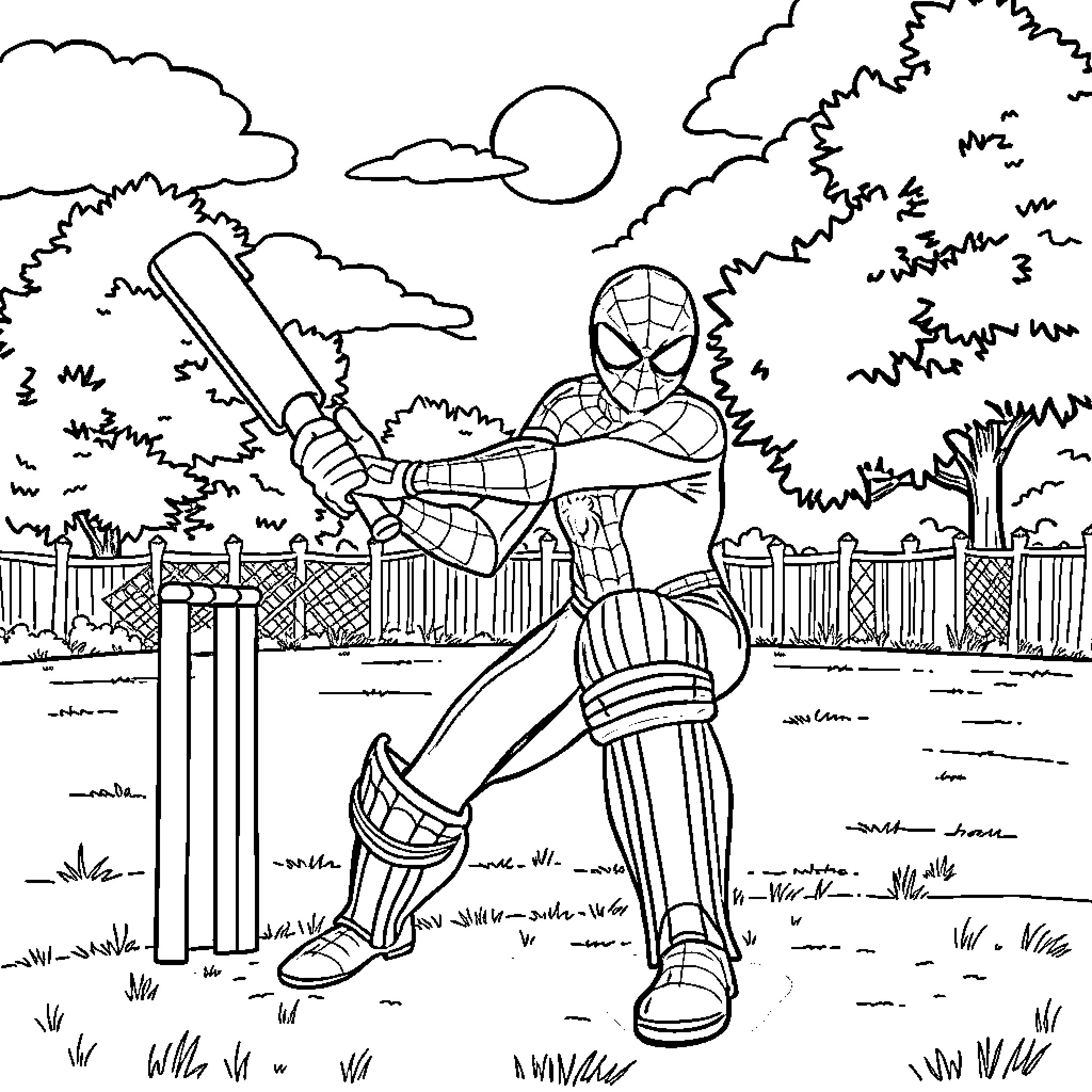 Spider-Man swinging into action on the cricket field Coloring Page (free black-and-white line drawing printable PDF for all, from beginners to advanced learners, including children, teens, adults, and seniors)