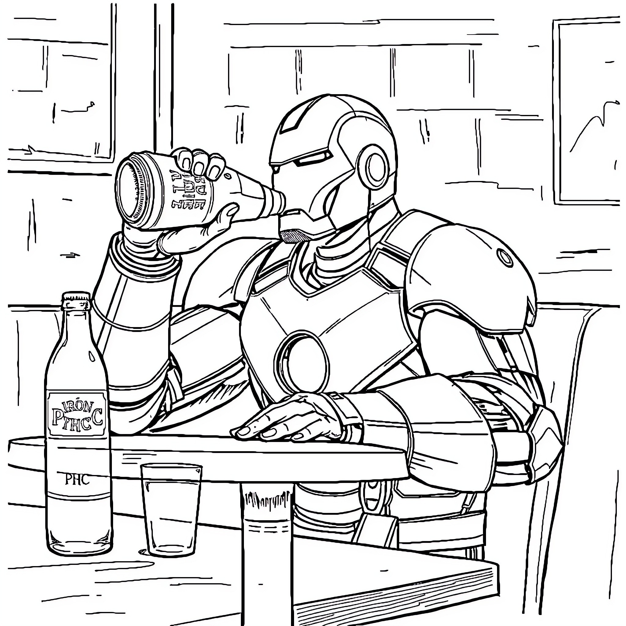 Ironman Relaxing and Enjoying a Drink Coloring Page (free black-and-white line drawing printable PDF for all, from beginners to advanced learners, including children, teens, adults, and seniors)