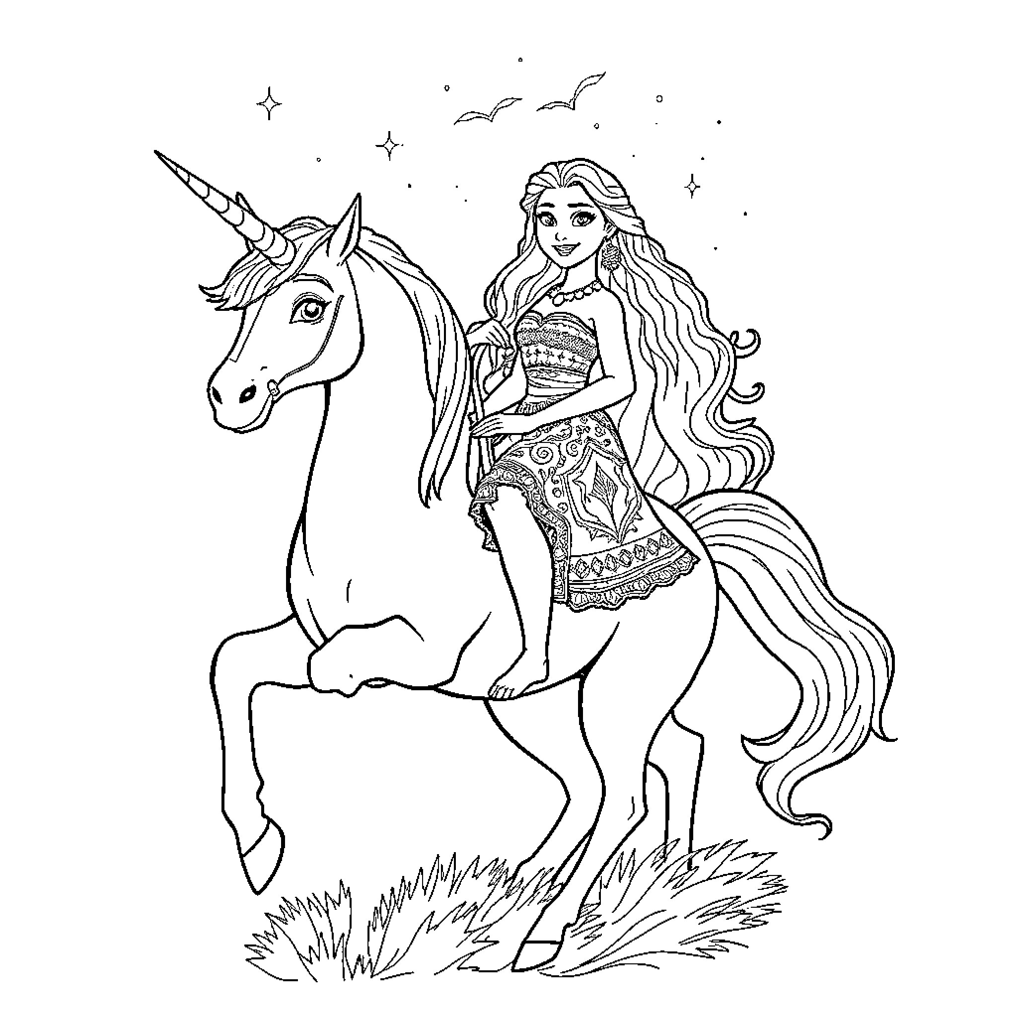Moana riding a magical unicorn in a fantastical scene Coloring Page (free black-and-white line drawing printable PDF for all, from beginners to advanced learners, including children, teens, adults, and seniors)