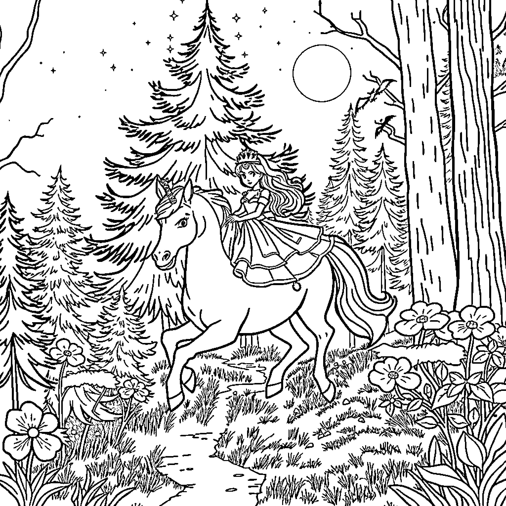 Princess and the Enchanted Forest Coloring Page (free black-and-white line drawing printable PDF for all, from beginners to advanced learners, including children, teens, adults, and seniors)