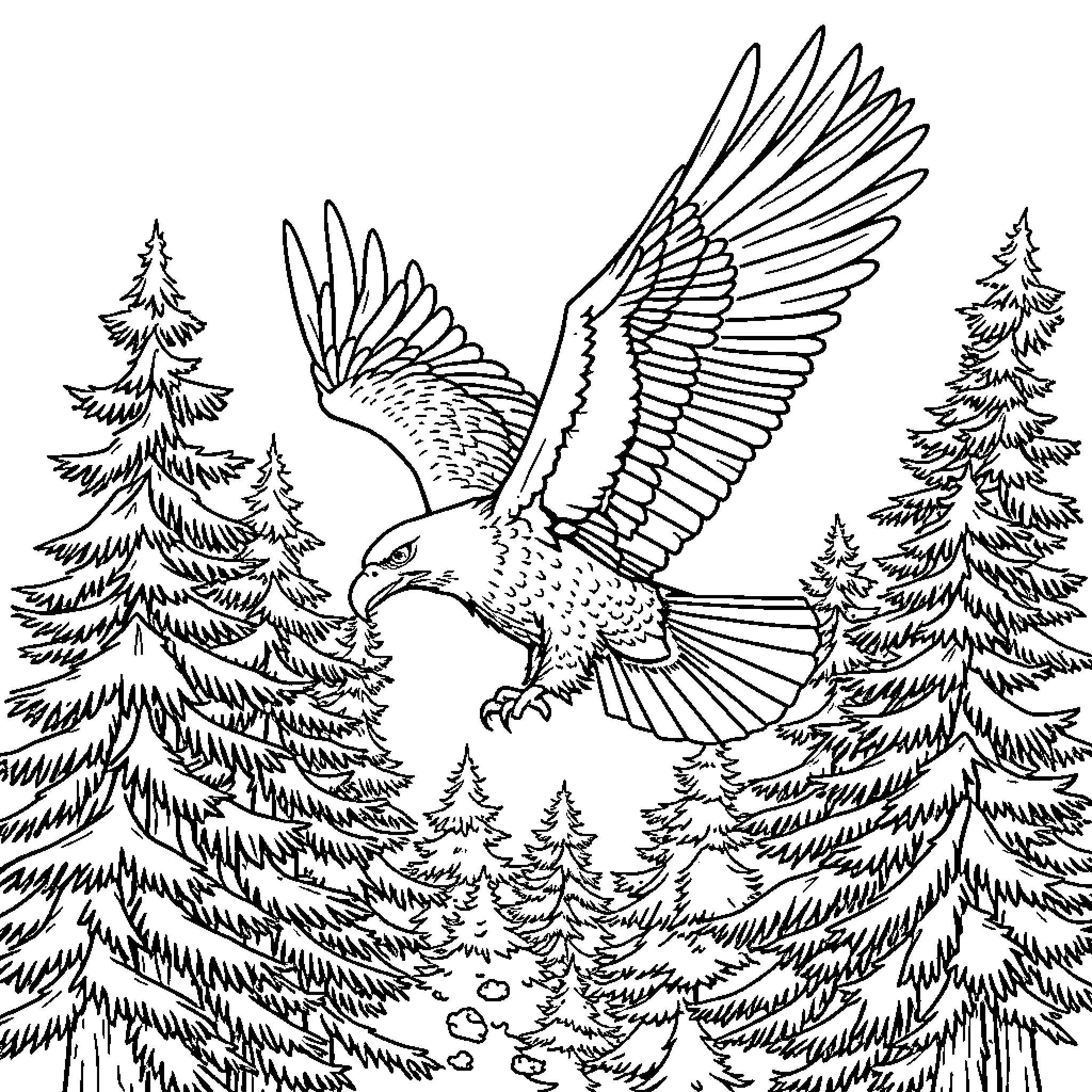 Eagle soaring gracefully over the forest Coloring Page (free black-and-white line drawing printable PDF for all, from beginners to advanced learners, including children, teens, adults, and seniors)