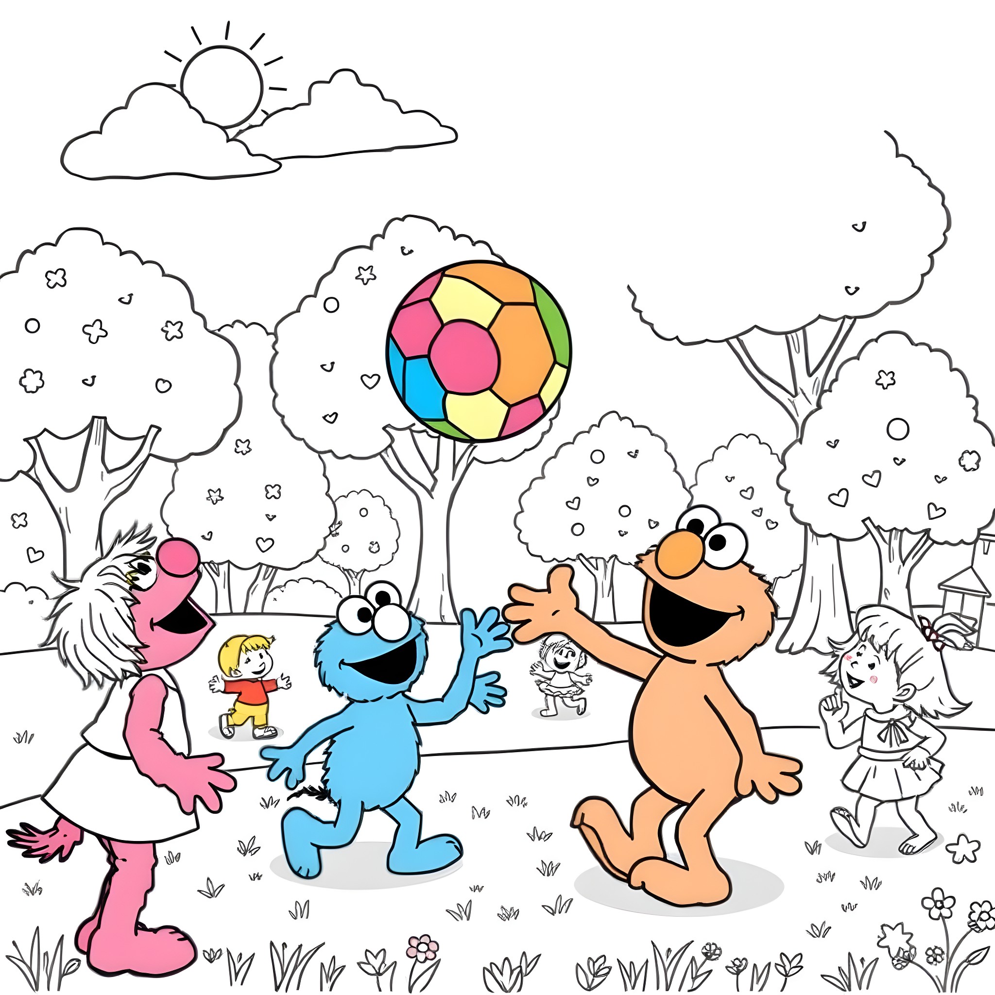Ms Rachel's Colorful Friends Enjoying the Outdoors Coloring Page (free black-and-white line drawing printable PDF for all, from beginners to advanced learners, including children, teens, adults, and seniors)