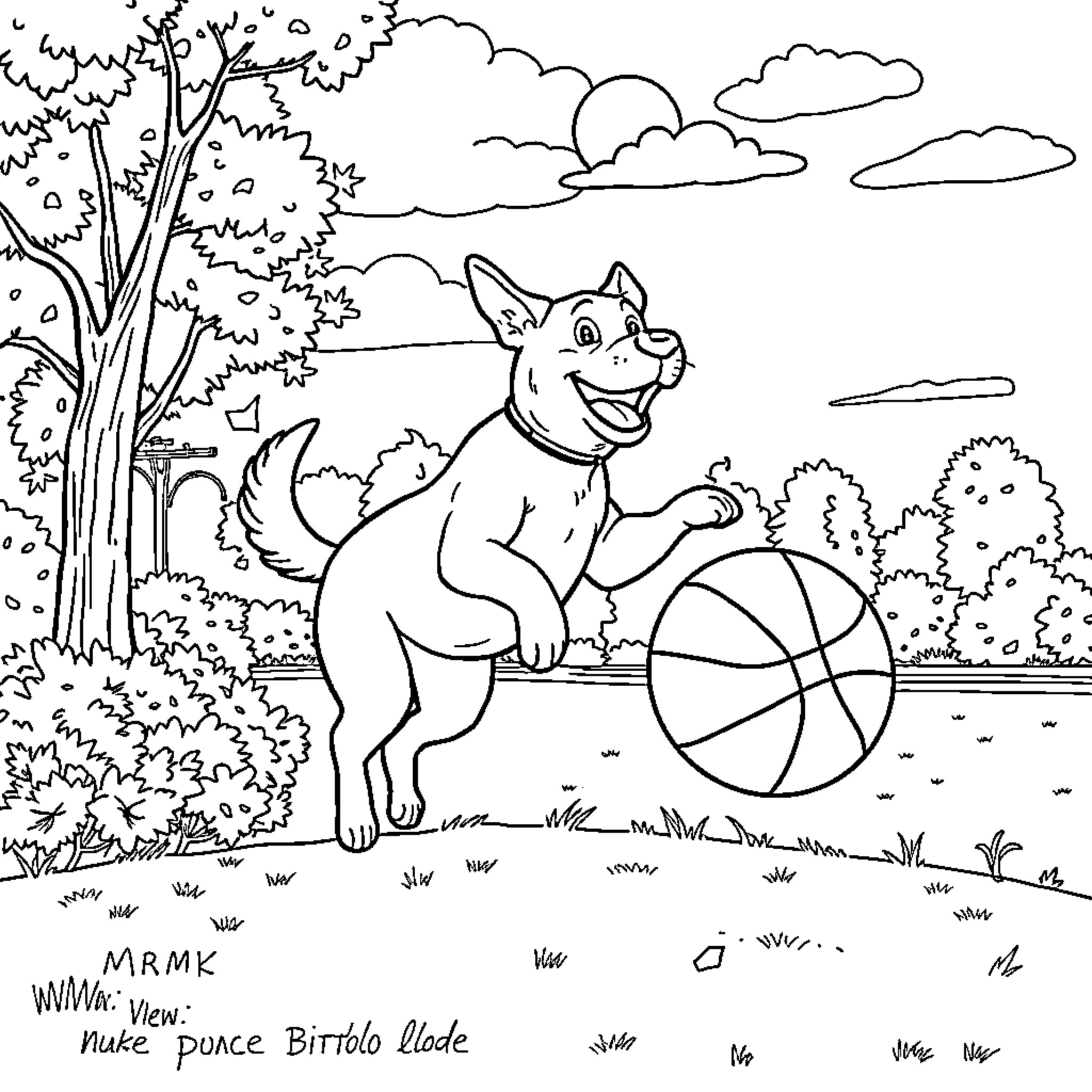Dog playing happily with basketball in the park Coloring Page (free black-and-white line drawing printable PDF for all, from beginners to advanced learners, including children, teens, adults, and seniors)