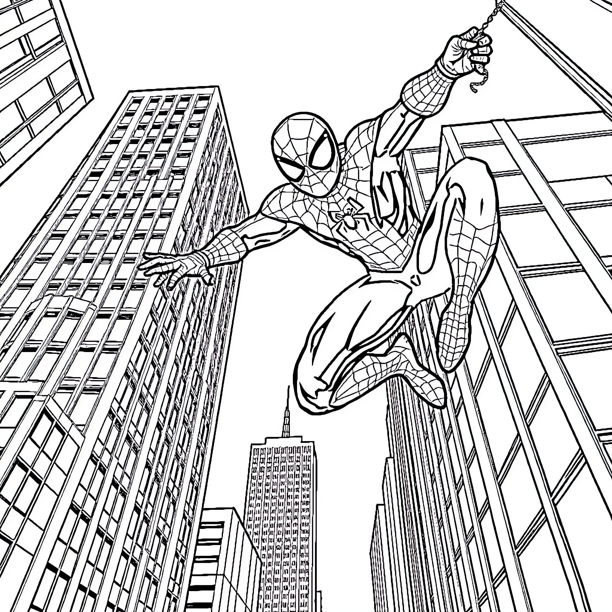Spider-Man swinging through the city skyline Coloring Page (free black-and-white line drawing printable PDF for all, from beginners to advanced learners, including children, teens, adults, and seniors)