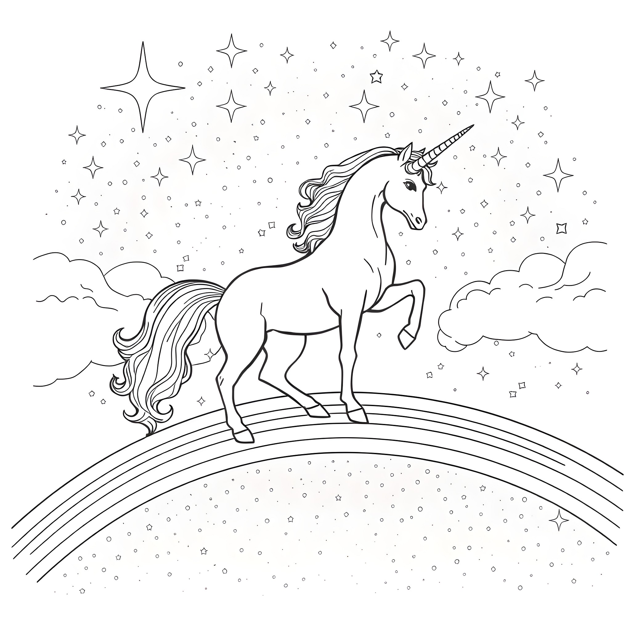 Unicorn standing on a rainbow under starry night sky Coloring Page (free black-and-white line drawing printable PDF for all, from beginners to advanced learners, including children, teens, adults, and seniors)