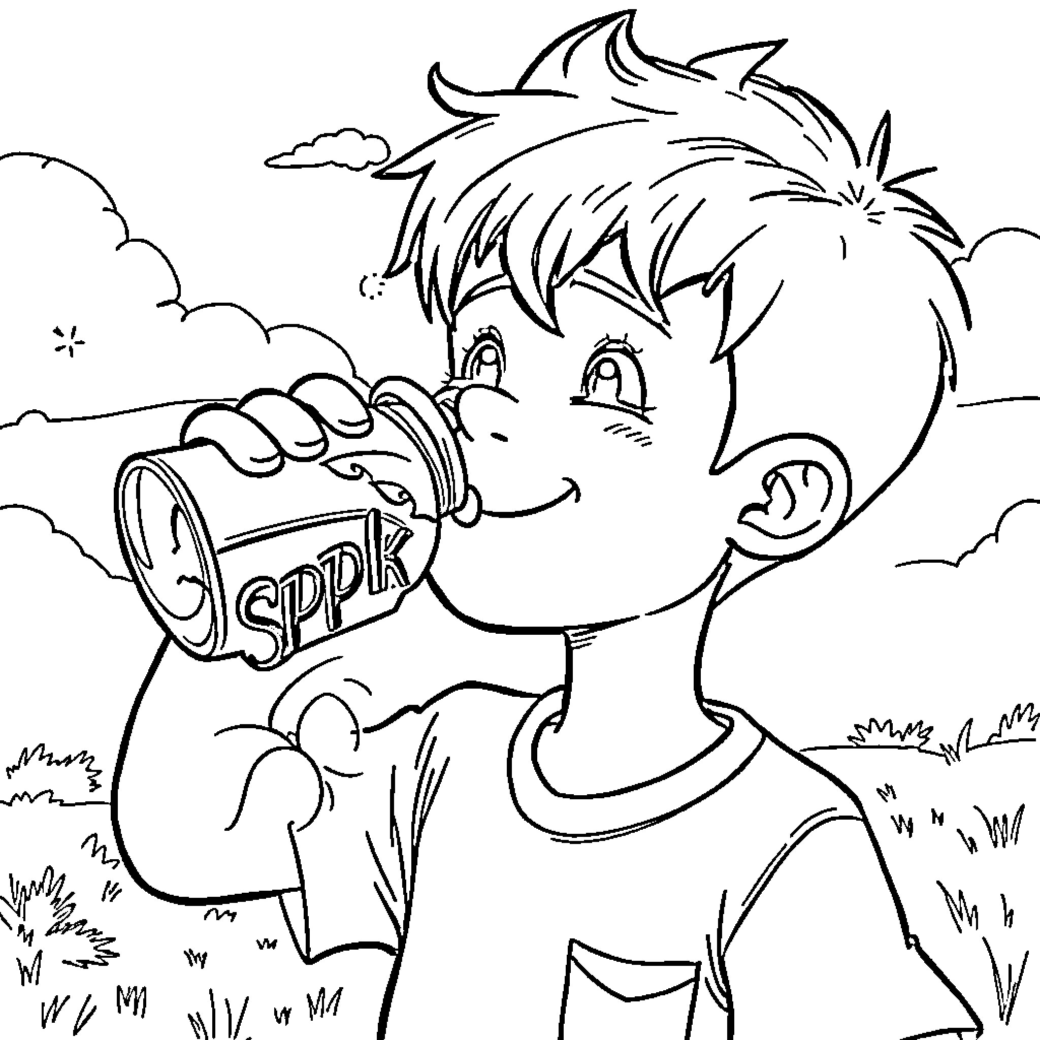 Snapple kid enjoying a drink in the park Coloring Page (free black-and-white line drawing printable PDF for all, from beginners to advanced learners, including children, teens, adults, and seniors)