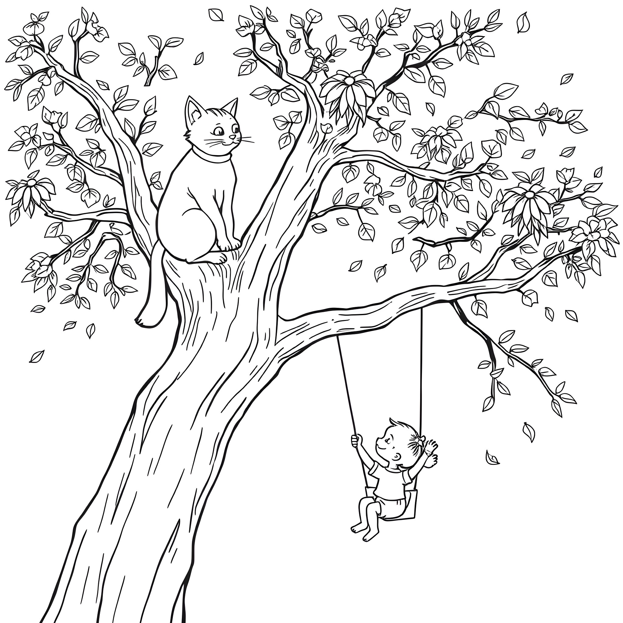 Cat resting on tree branch with child on swing Coloring Page (free black-and-white line drawing printable PDF for all, from beginners to advanced learners, including children, teens, adults, and seniors)