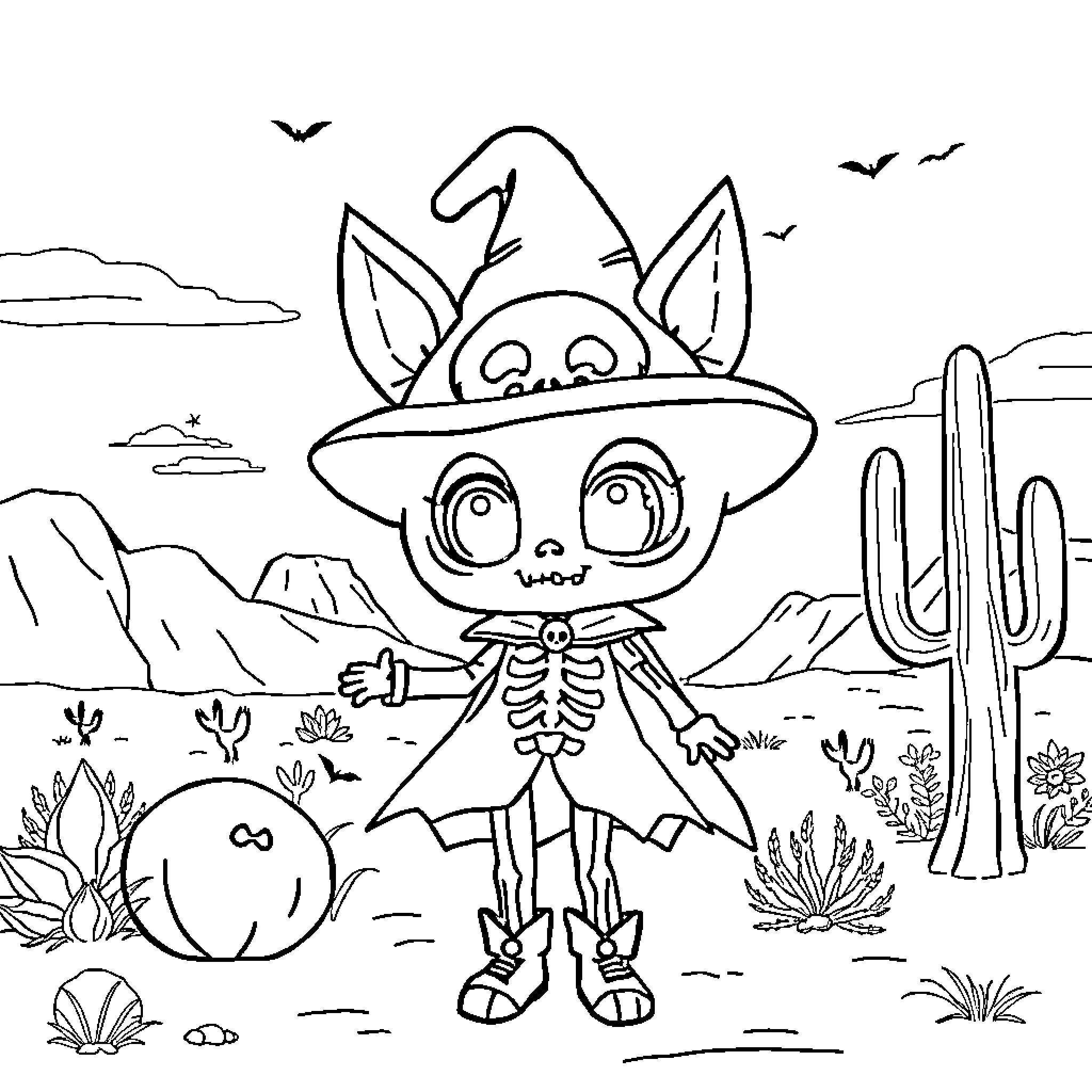 Kuromi exploring a desert landscape Coloring Page (free black-and-white line drawing printable PDF for all, from beginners to advanced learners, including children, teens, adults, and seniors)