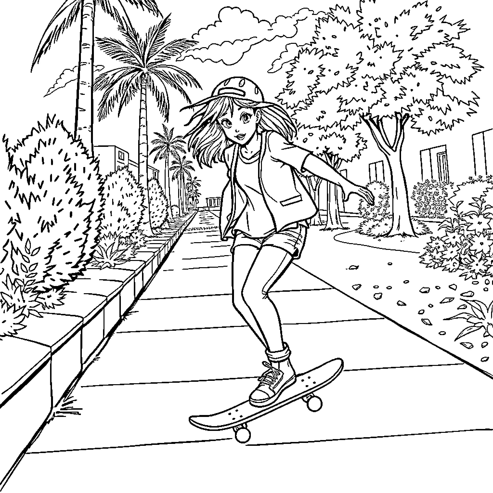 Girl skateboarding on a tropical path Coloring Page (free black-and-white line drawing printable PDF for all, from beginners to advanced learners, including children, teens, adults, and seniors)