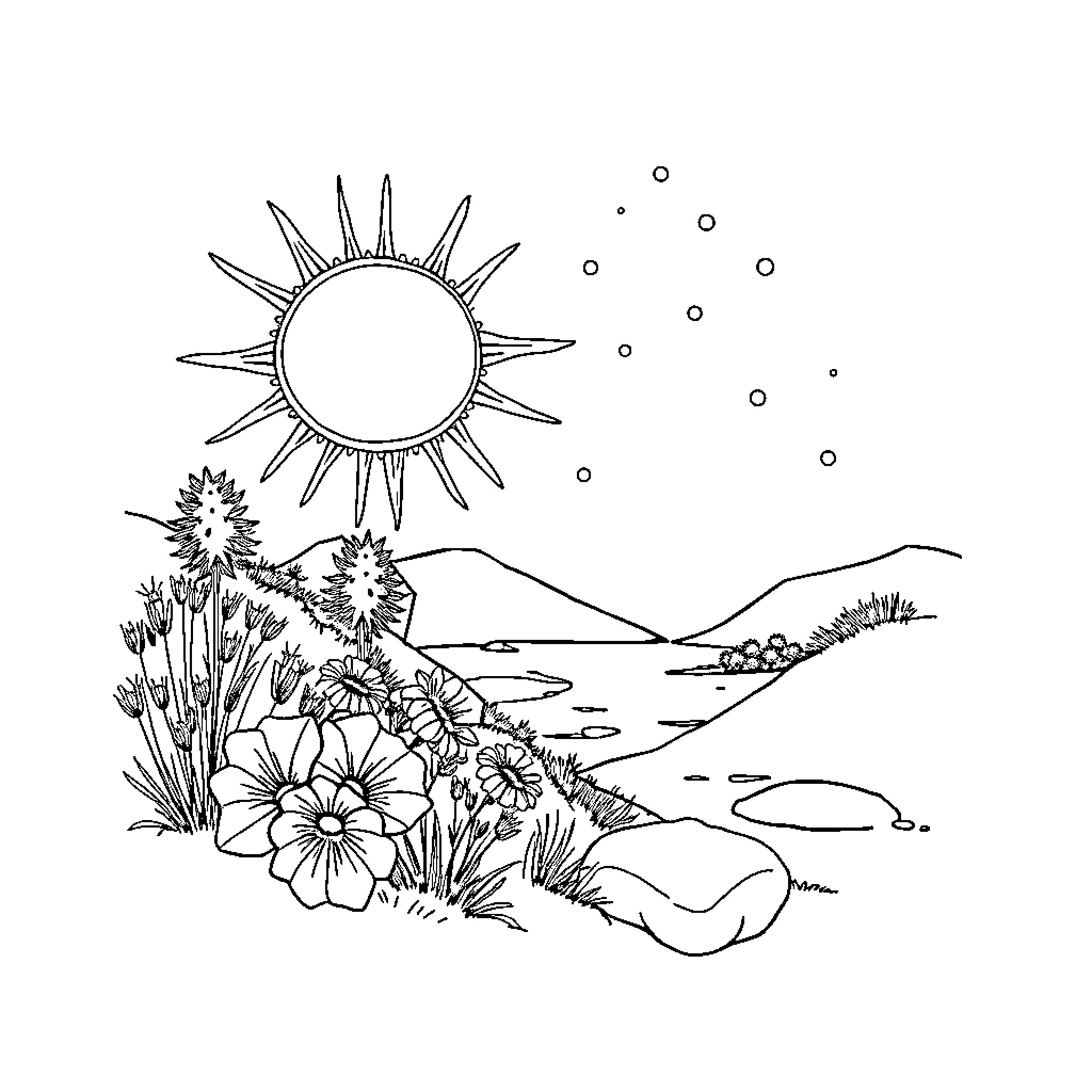 TOGG Peaceful Floral Landscape Scene Coloring Page (free black-and-white line drawing printable PDF for all, from beginners to advanced learners, including children, teens, adults, and seniors)