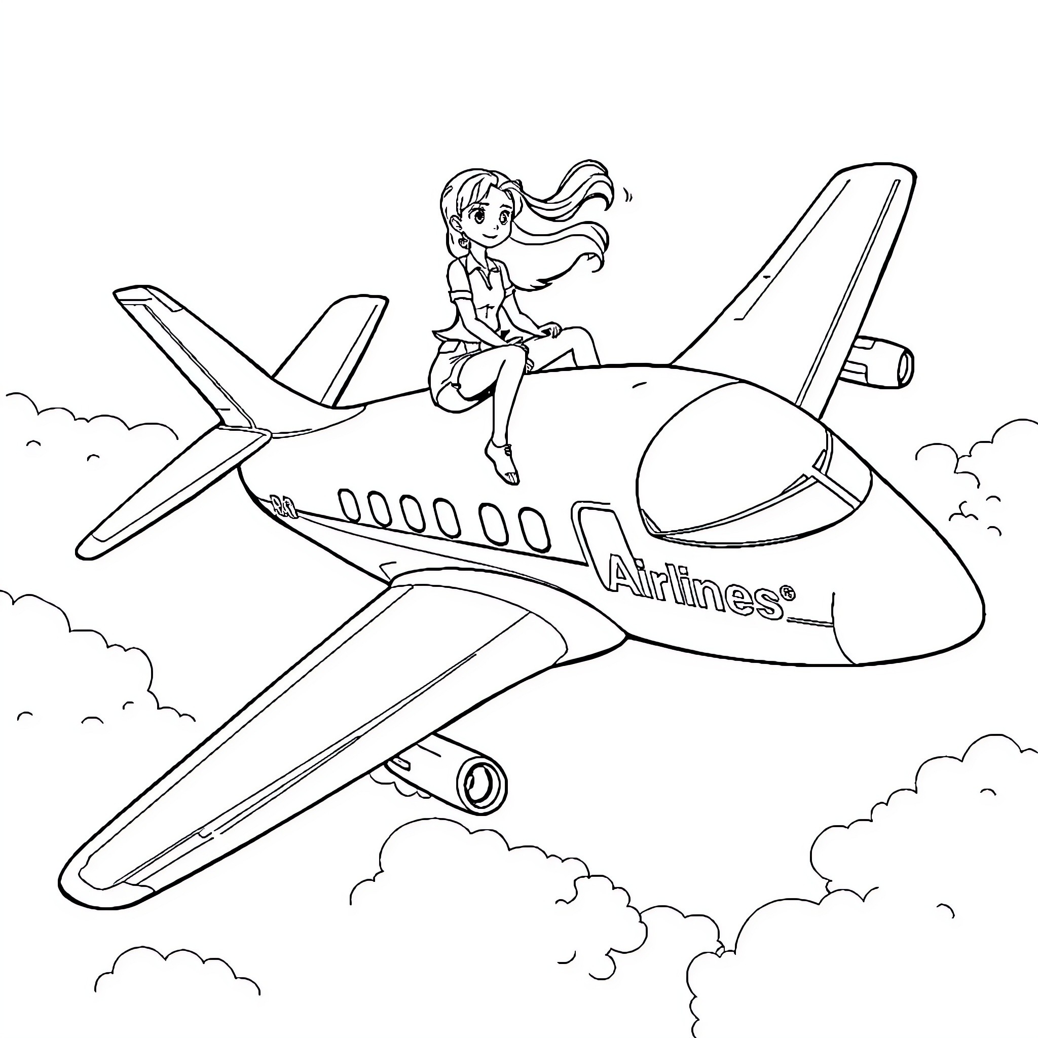 Girl enjoying airplane ride in the sky Coloring Page (free black-and-white line drawing printable PDF for all, from beginners to advanced learners, including children, teens, adults, and seniors)