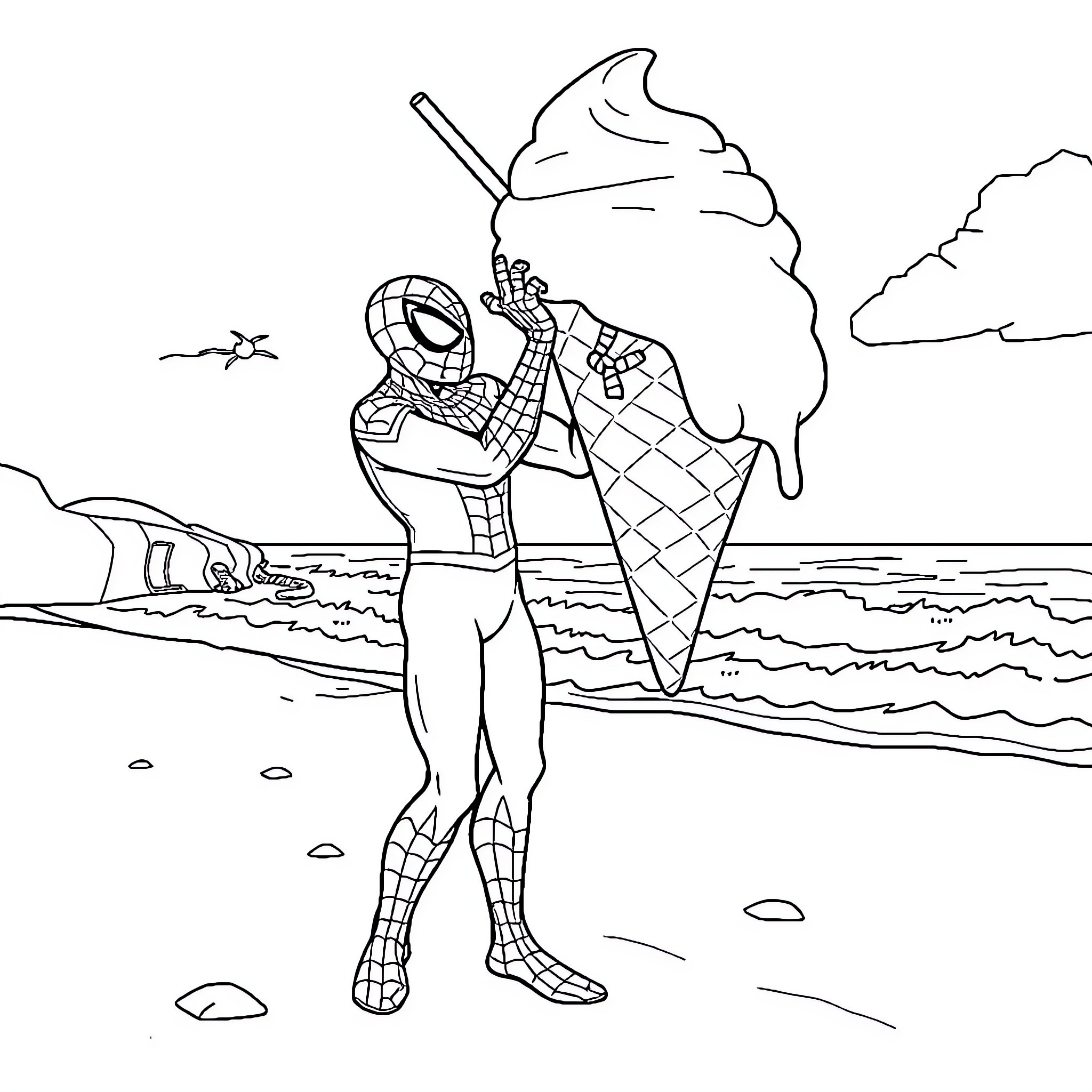 Spider-Man enjoys ice cream on the beach Coloring Page (free black-and-white line drawing printable PDF for all, from beginners to advanced learners, including children, teens, adults, and seniors)