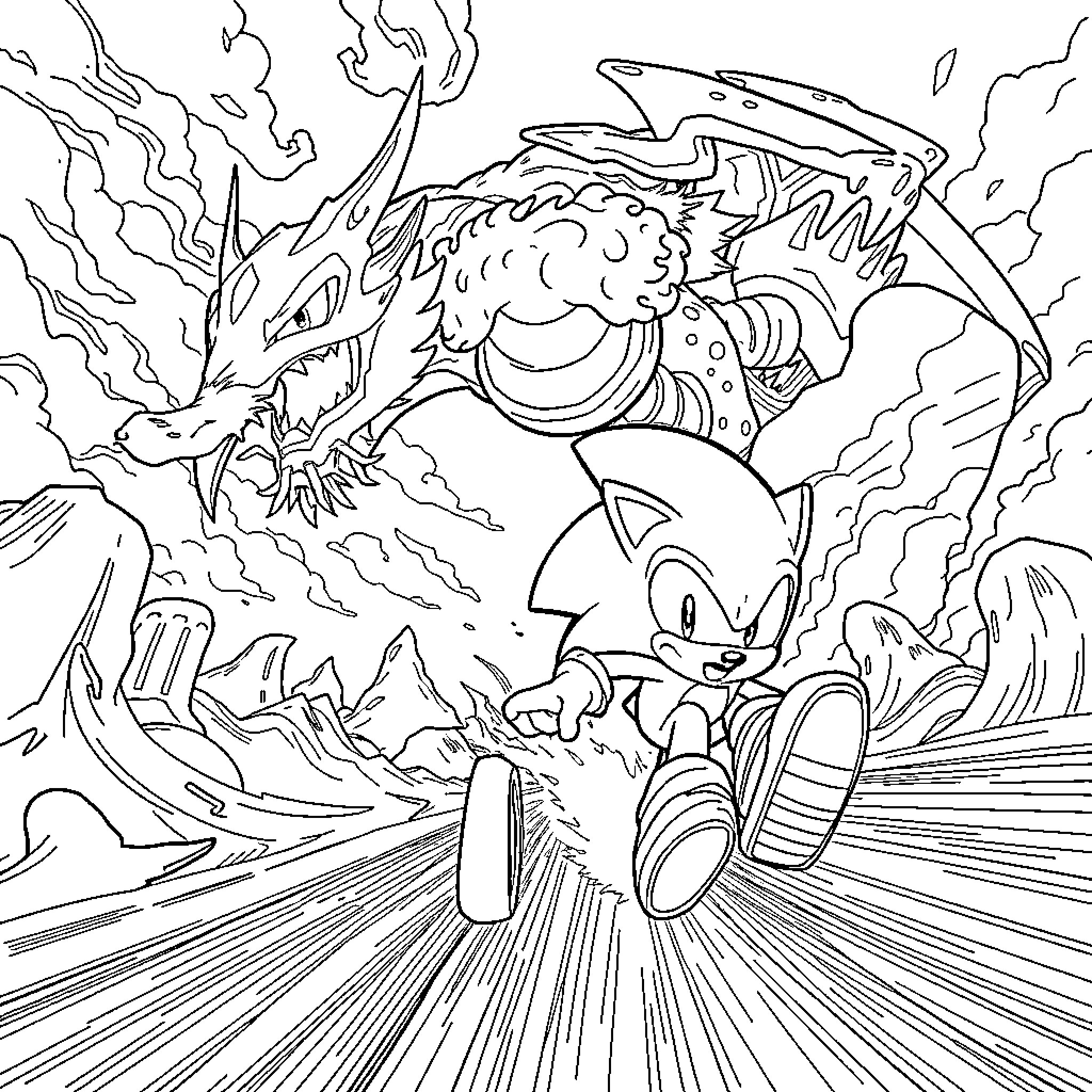Sonic's Heroic Encounter with a Fearsome Foe Coloring Page (free black-and-white line drawing printable PDF for all, from beginners to advanced learners, including children, teens, adults, and seniors)