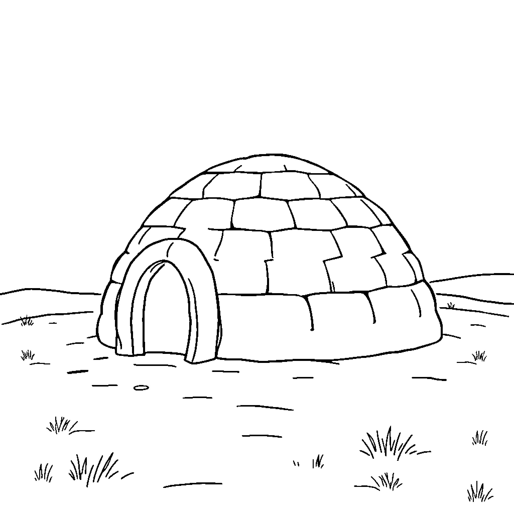 Igloo in the Arctic Landscape Coloring Page (free black-and-white line drawing printable PDF for all, from beginners to advanced learners, including children, teens, adults, and seniors)