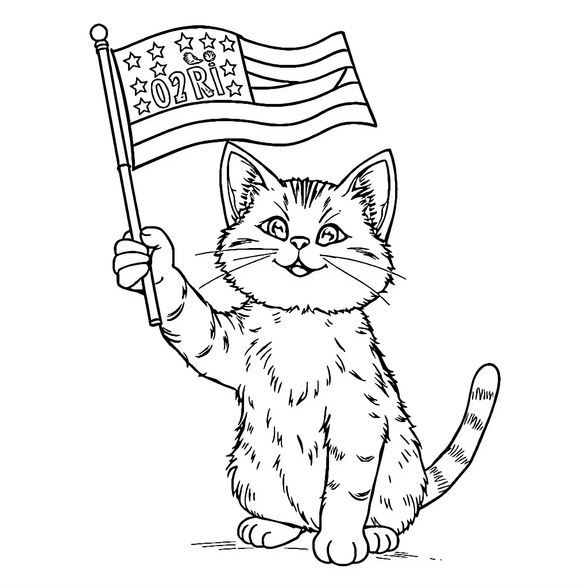 Cat waving American flag with patriotic design Coloring Page (free black-and-white line drawing printable PDF for all, from beginners to advanced learners, including children, teens, adults, and seniors)