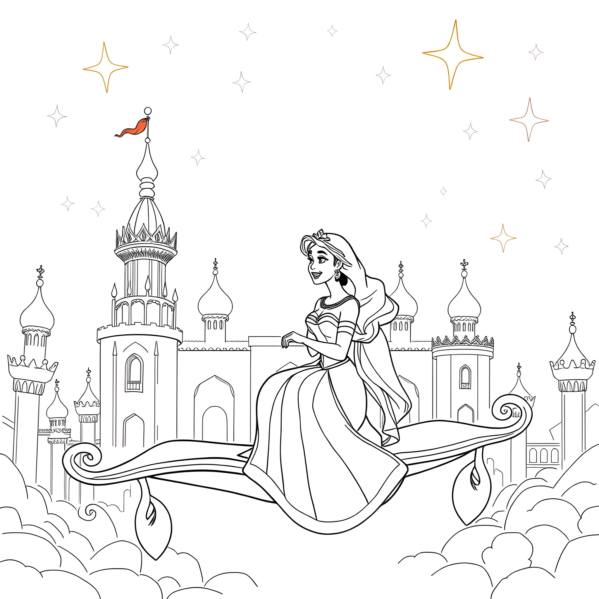 Jasmine exploring the enchanting palace with wonder Coloring Page (free black-and-white line drawing printable PDF for all, from beginners to advanced learners, including children, teens, adults, and seniors)