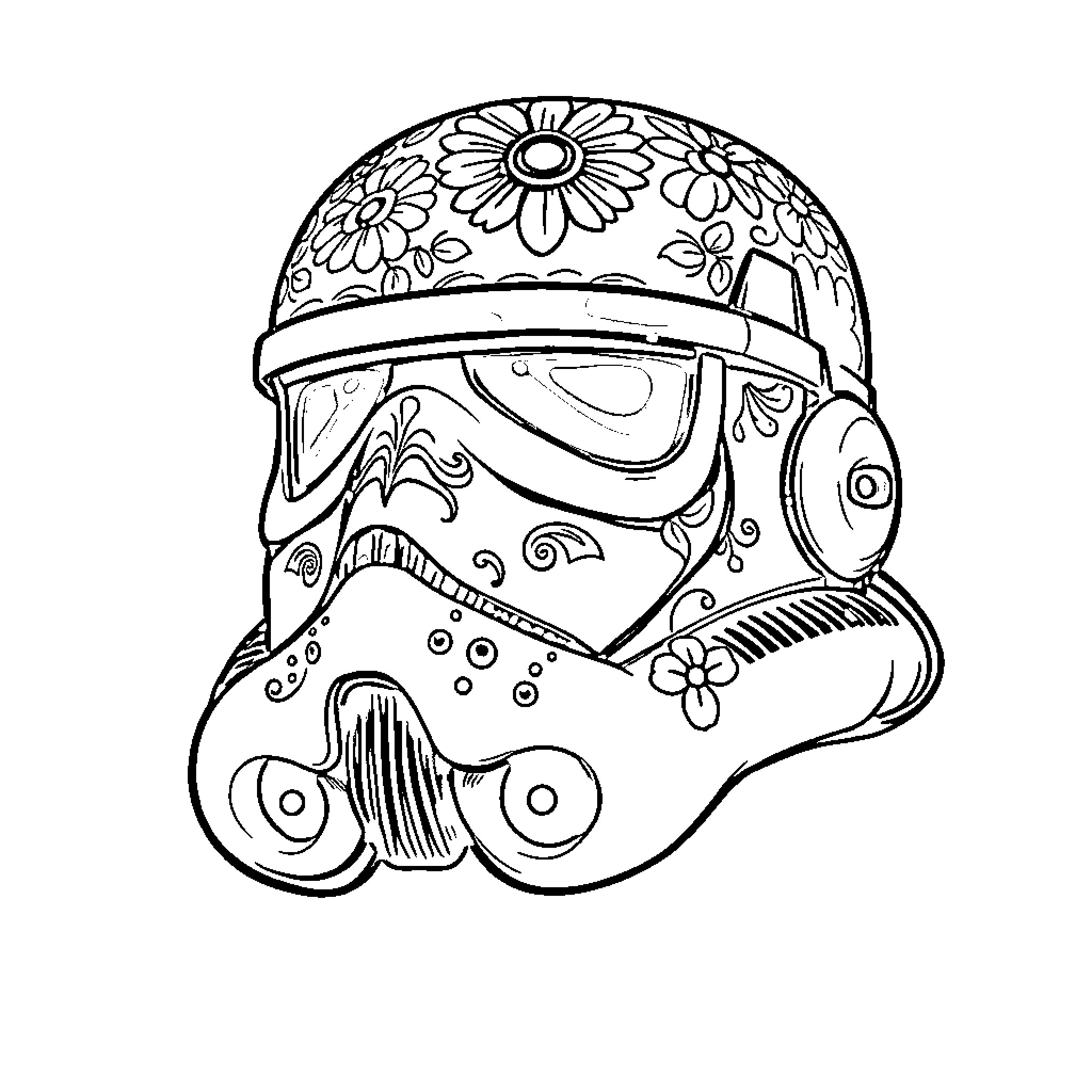 Stormtrooper with floral-patterned helmet Coloring Page (free black-and-white line drawing printable PDF for all, from beginners to advanced learners, including children, teens, adults, and seniors)