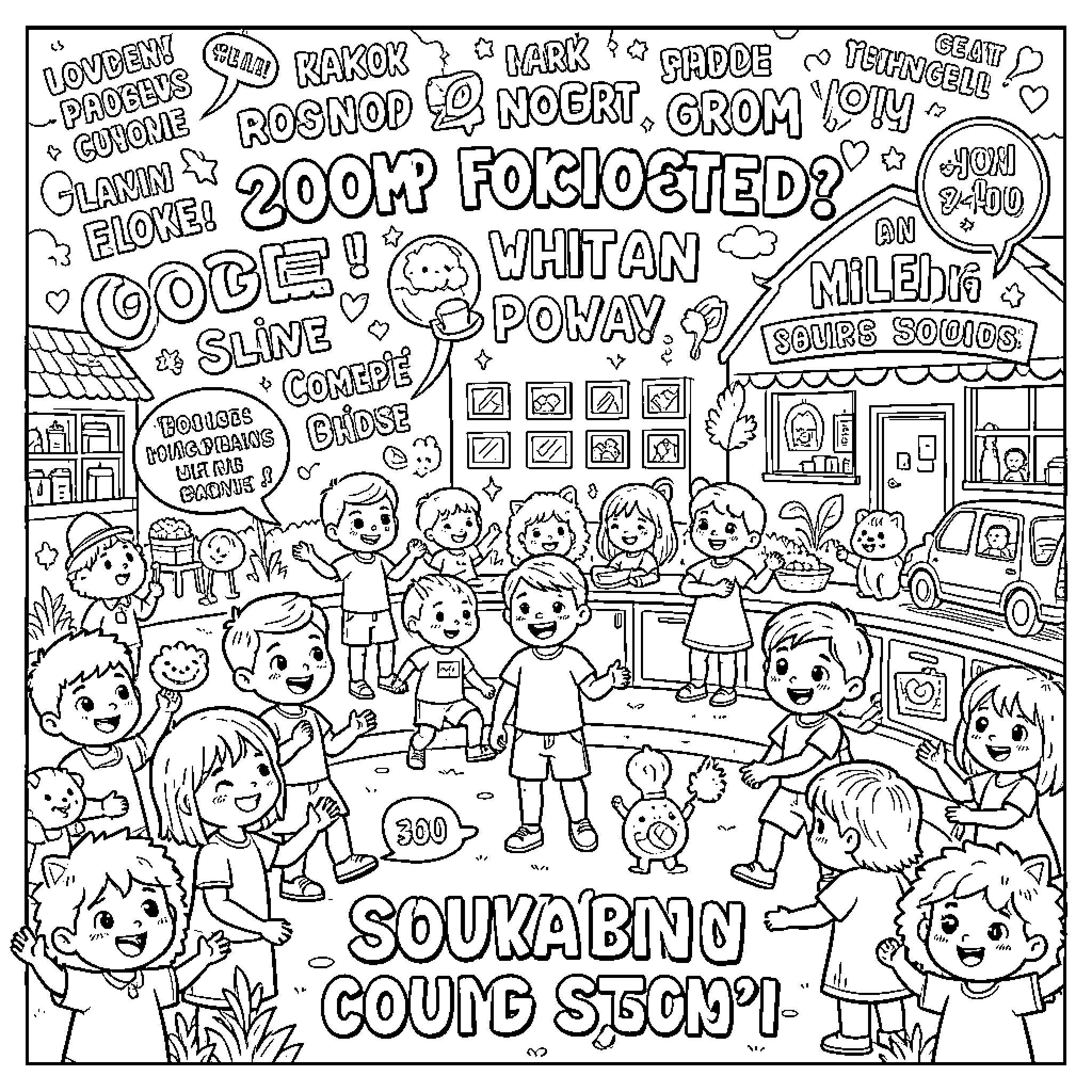 Words illustrating a joyful scene of many children playing Coloring Page (free black-and-white line drawing printable PDF for all, from beginners to advanced learners, including children, teens, adults, and seniors)