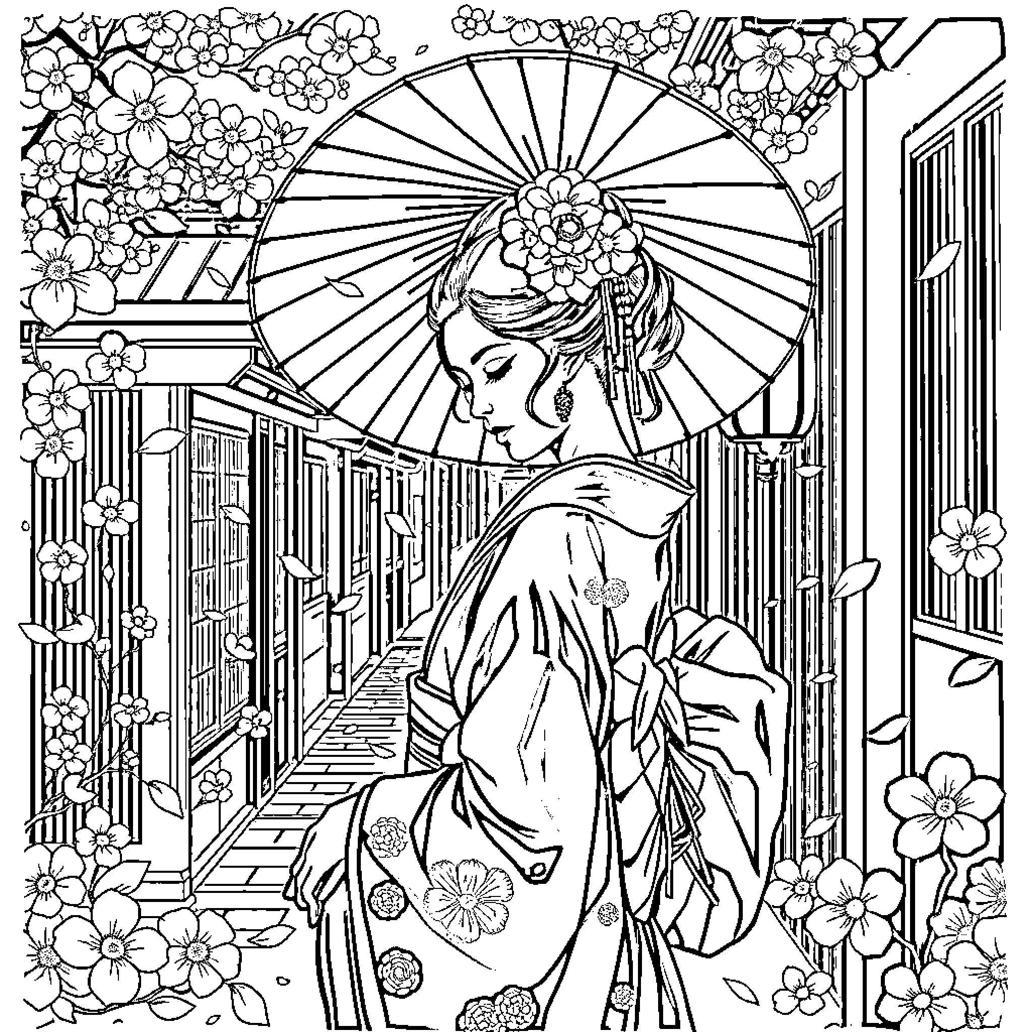 Geisha in traditional Japanese garden Coloring Page (free black-and-white line drawing printable PDF for all, from beginners to advanced learners, including children, teens, adults, and seniors)