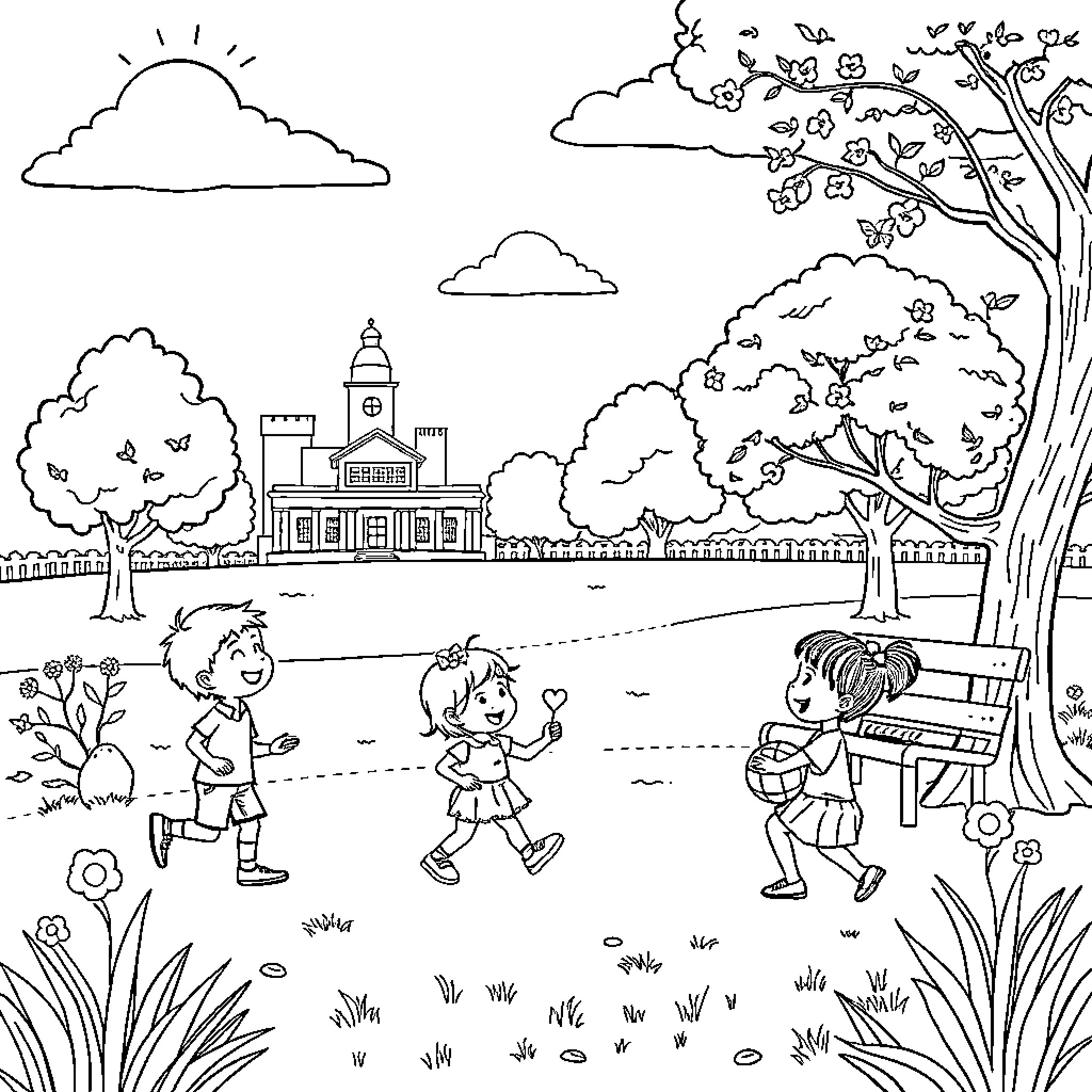 Children Playing Joyfully in the School Garden Coloring Page (free black-and-white line drawing printable PDF for all, from beginners to advanced learners, including children, teens, adults, and seniors)