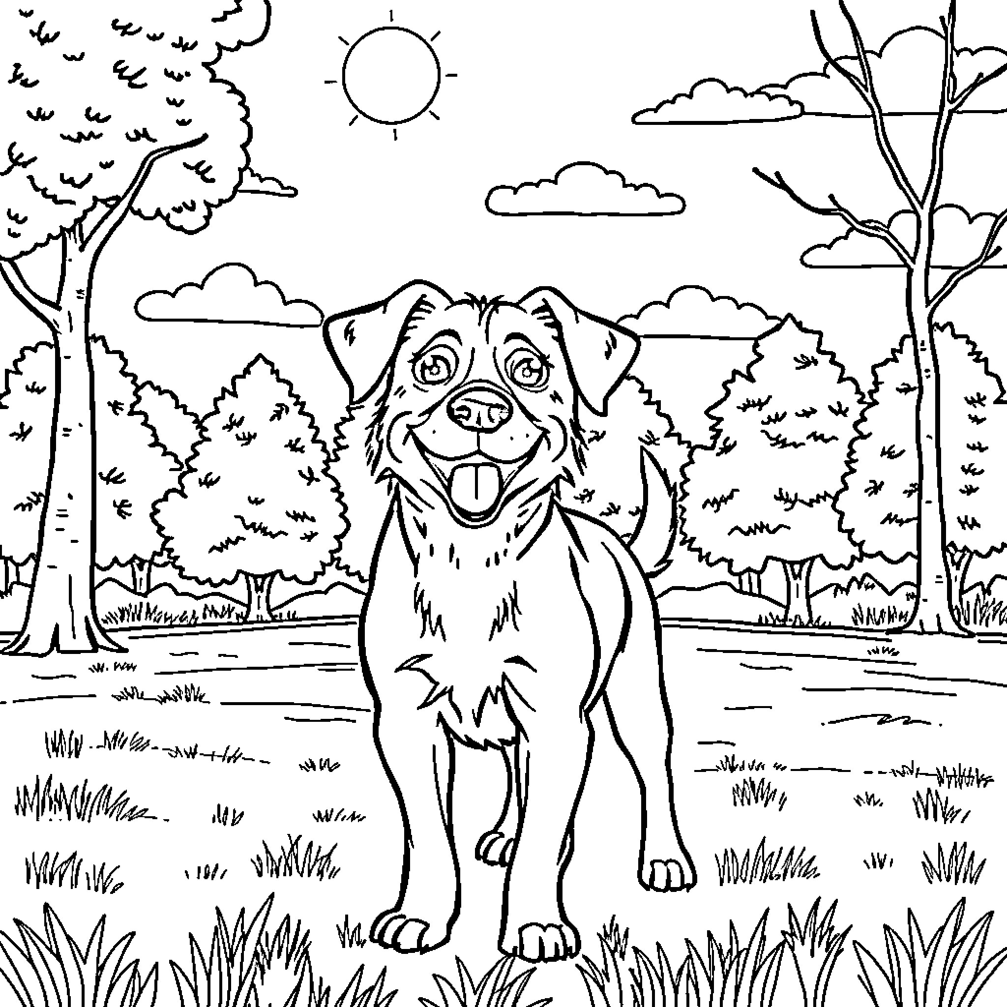 Dog enjoying a sunny day in the park Coloring Page (free black-and-white line drawing printable PDF for all, from beginners to advanced learners, including children, teens, adults, and seniors)