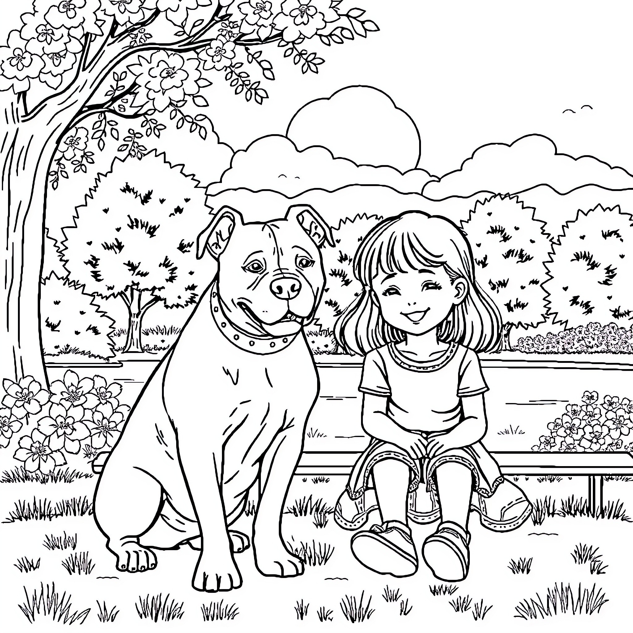 Pit Bull and Girl Enjoying Nature Together Coloring Page (free black-and-white line drawing printable PDF for all, from beginners to advanced learners, including children, teens, adults, and seniors)