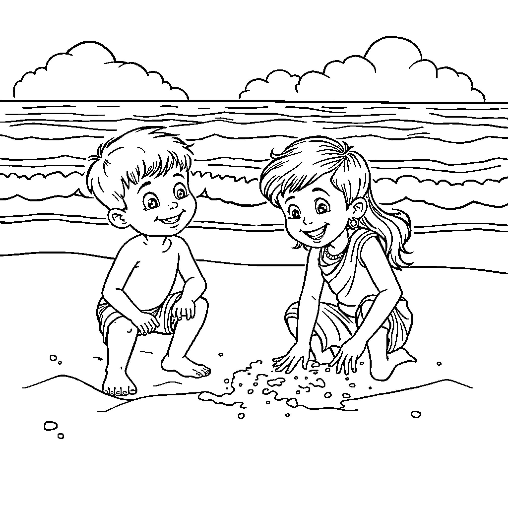 Brother and Sister Enjoying Beach Fun Coloring Page (free black-and-white line drawing printable PDF for all, from beginners to advanced learners, including children, teens, adults, and seniors)