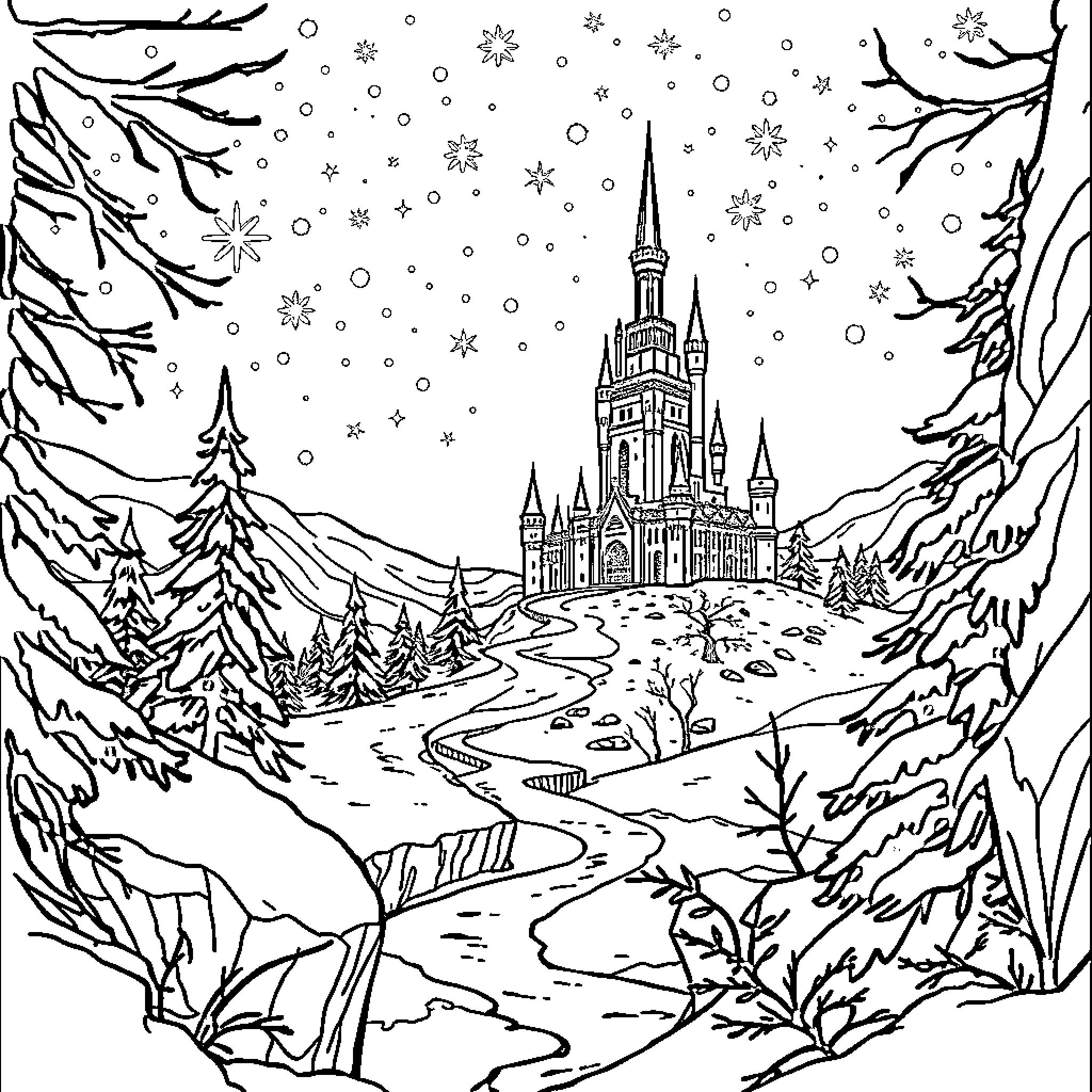Frozen winter castle in snowy landscape Coloring Page (free black-and-white line drawing printable PDF for all, from beginners to advanced learners, including children, teens, adults, and seniors)