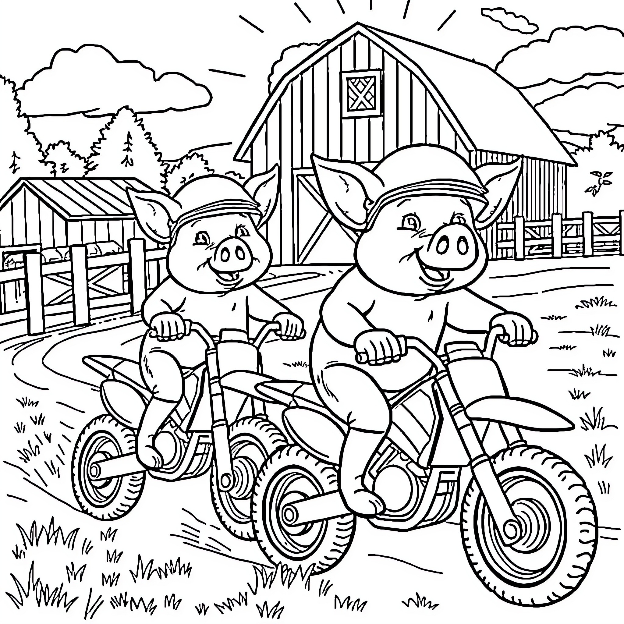 Pig Siblings Riding Motorcycles on the Farm Coloring Page (free black-and-white line drawing printable PDF for all, from beginners to advanced learners, including children, teens, adults, and seniors)