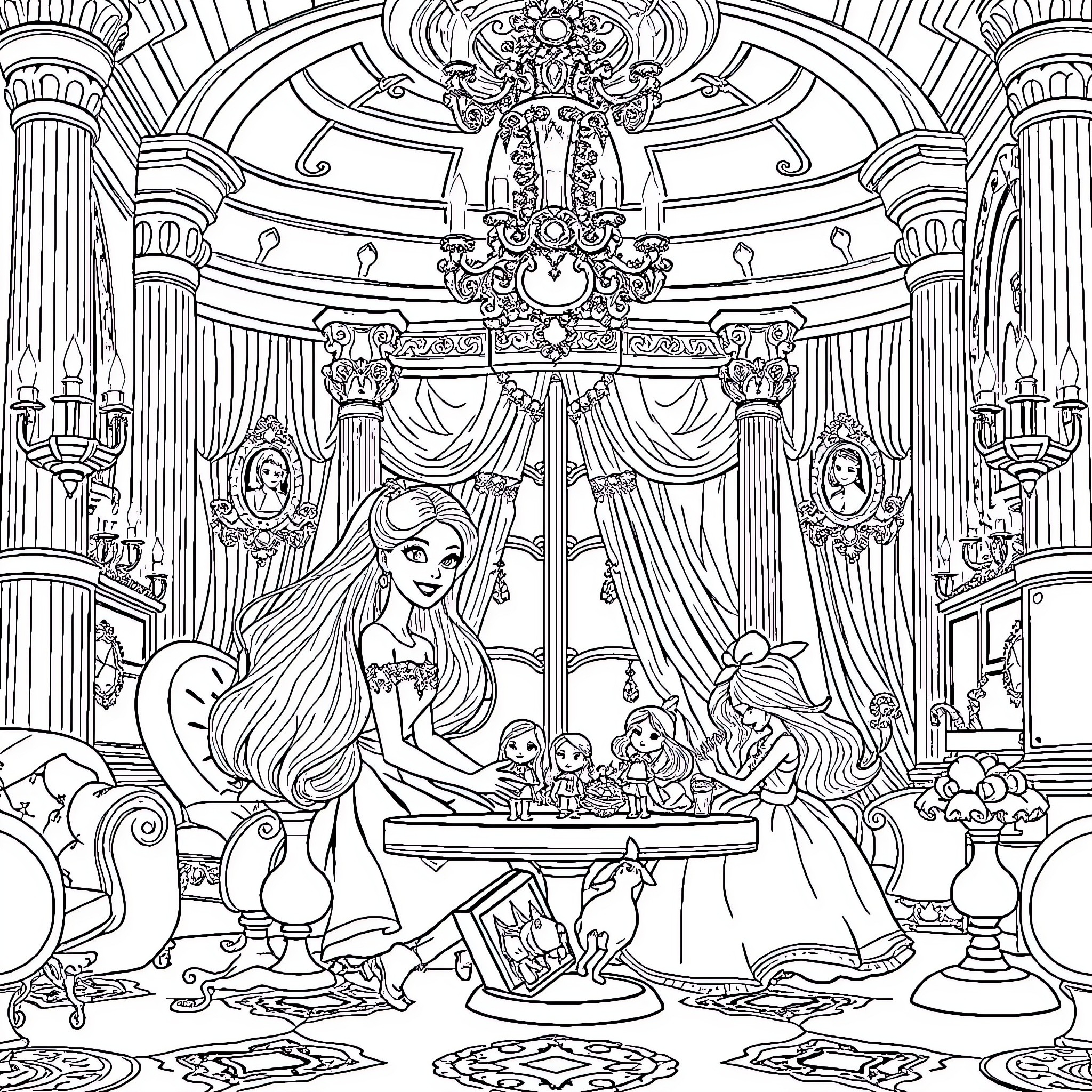Barbie's Lavish Ballroom Celebration Coloring Page (free black-and-white line drawing printable PDF for all, from beginners to advanced learners, including children, teens, adults, and seniors)