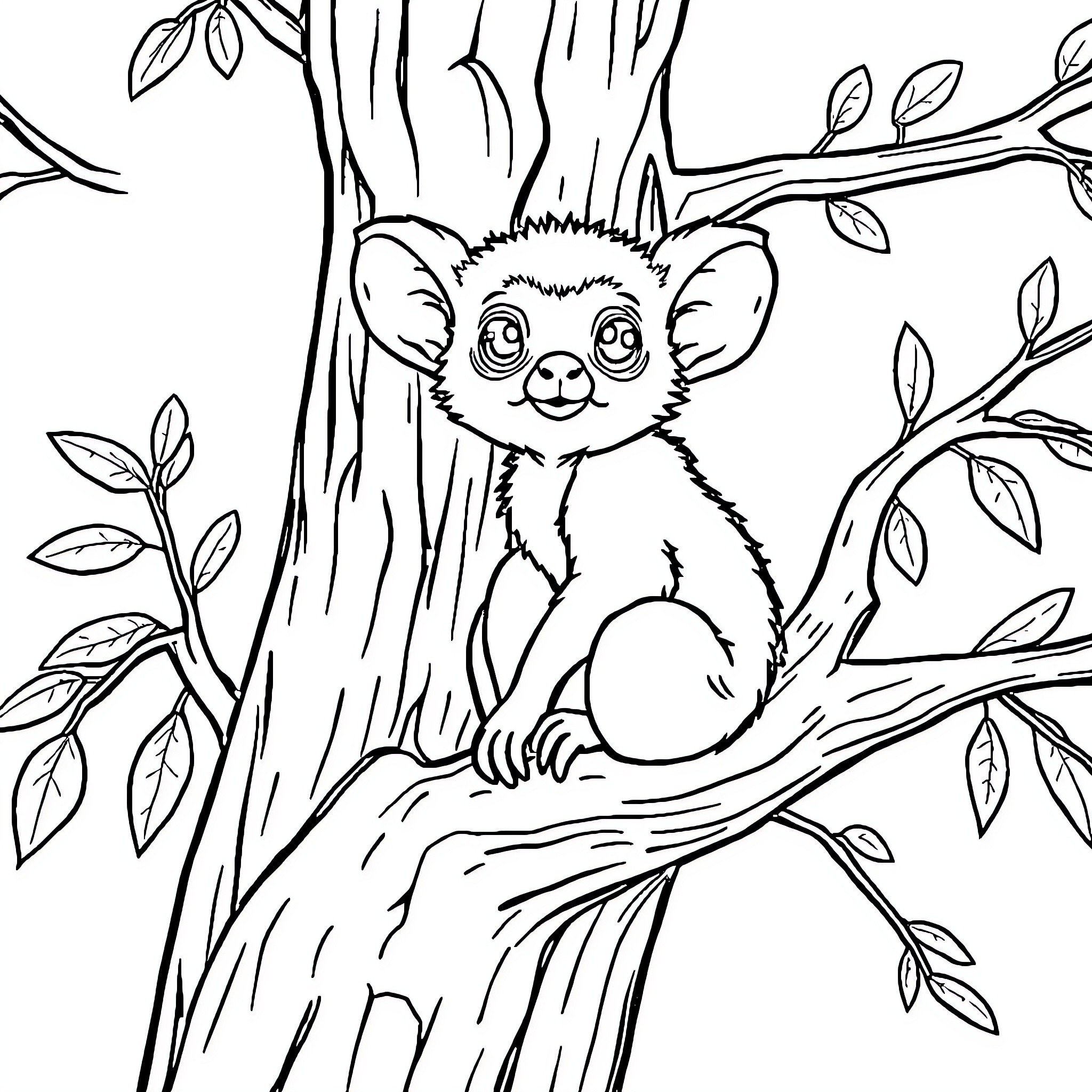 Bushbaby resting peacefully in the forest Coloring Page (free black-and-white line drawing printable PDF for all, from beginners to advanced learners, including children, teens, adults, and seniors)