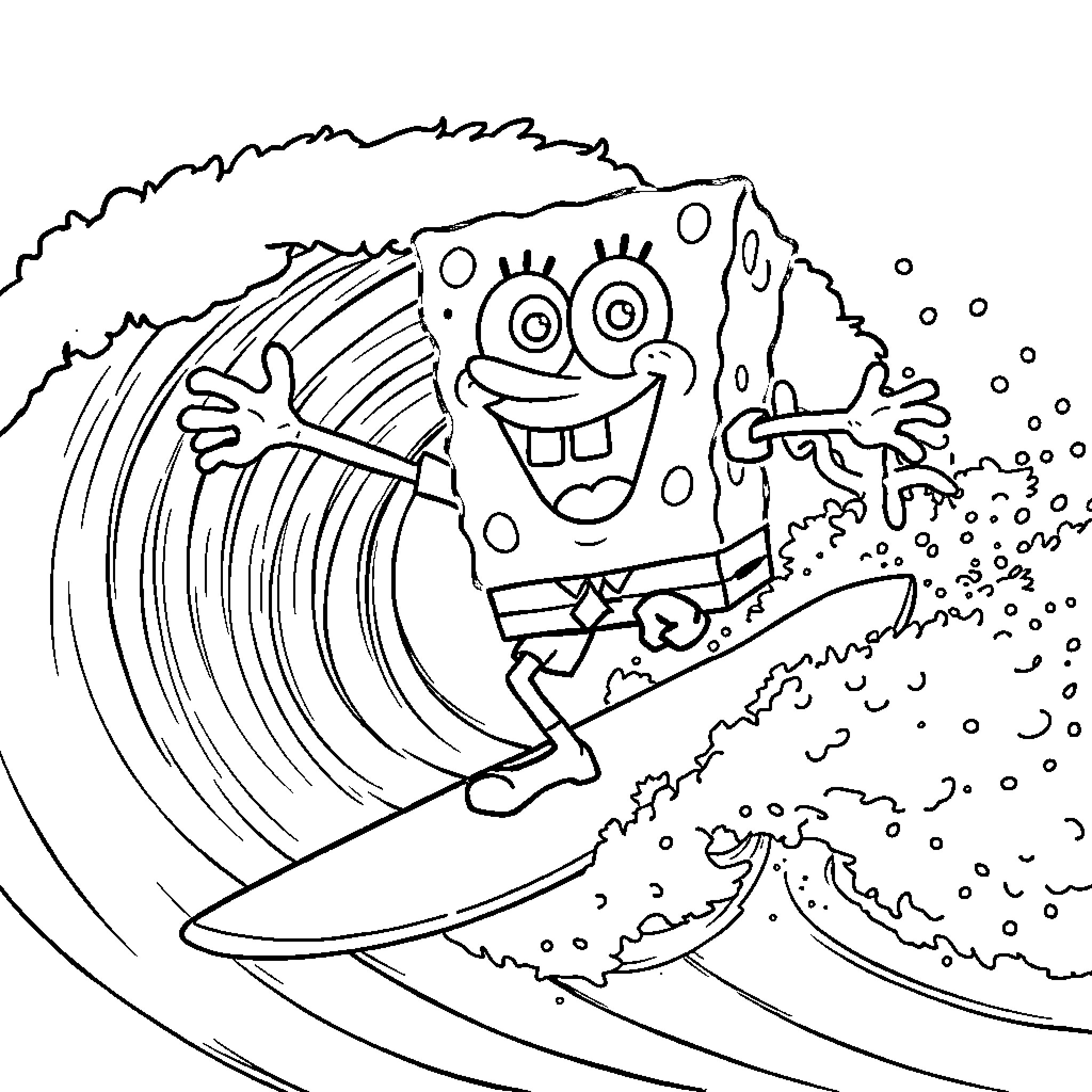 Spongebob surfing on giant waves Coloring Page (free black-and-white line drawing printable PDF for all, from beginners to advanced learners, including children, teens, adults, and seniors)