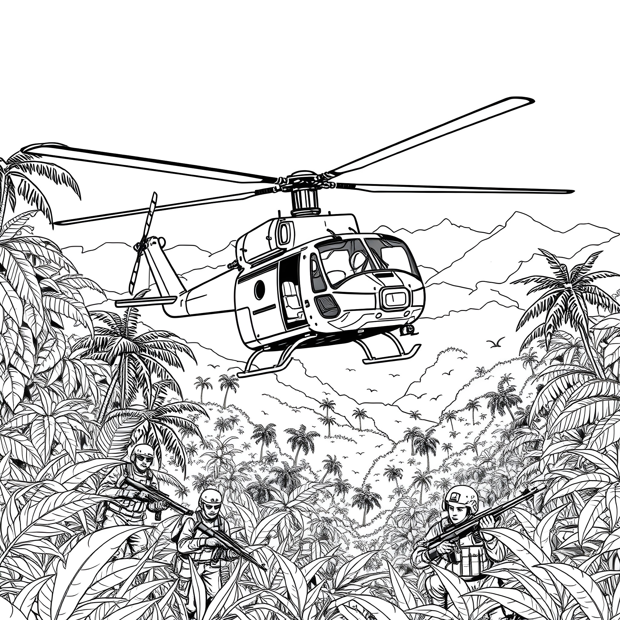 Huey helicopter assisting military operation in jungle Coloring Page (free black-and-white line drawing printable PDF for all, from beginners to advanced learners, including children, teens, adults, and seniors)